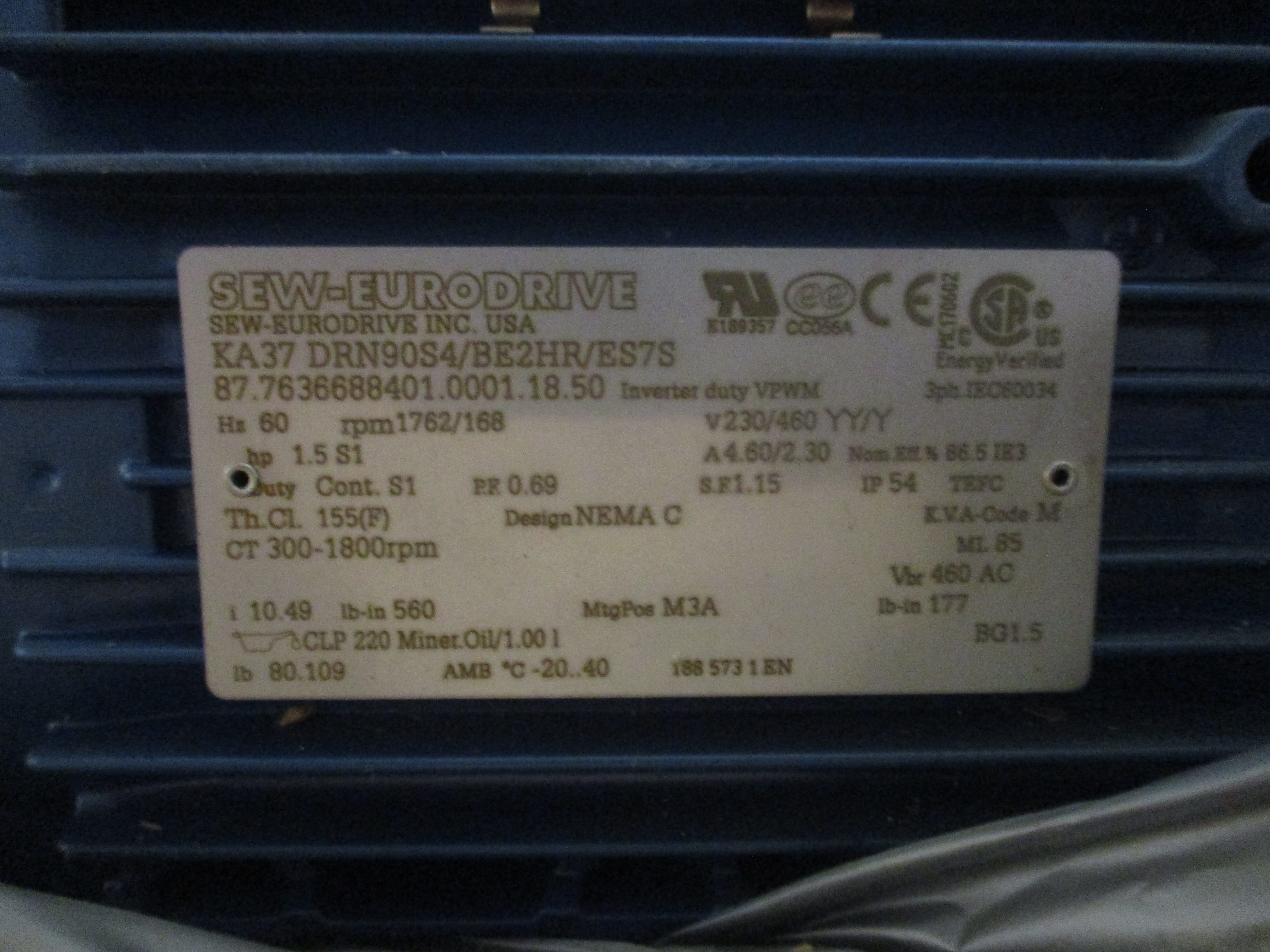 Sew-Eurodrive Gearmotor KA37 DRN90S4/BE2HR/ES7S 1.5HP 168 RPM Output 230/460V 3P