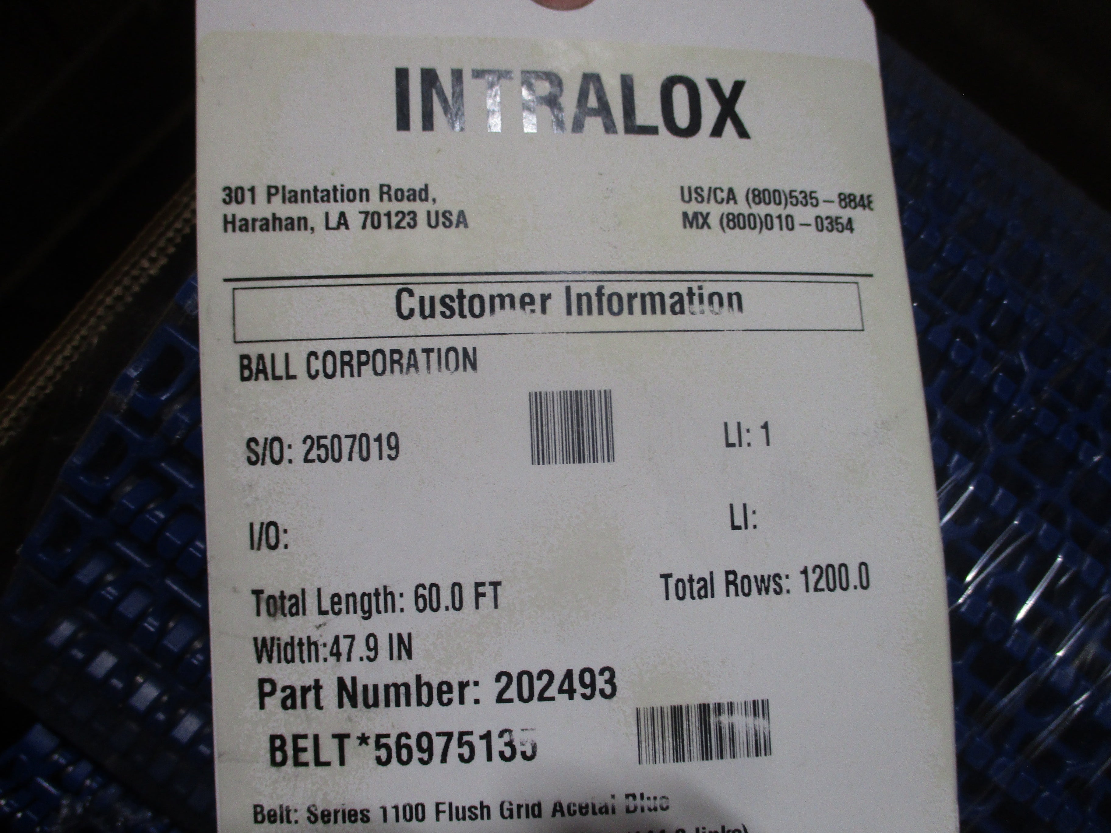 Intralox Series 1100 Flush Grid Belt 202493 / 56975135 Width: 47.9in Length: 60.0ft Acetal Blue New Surplus