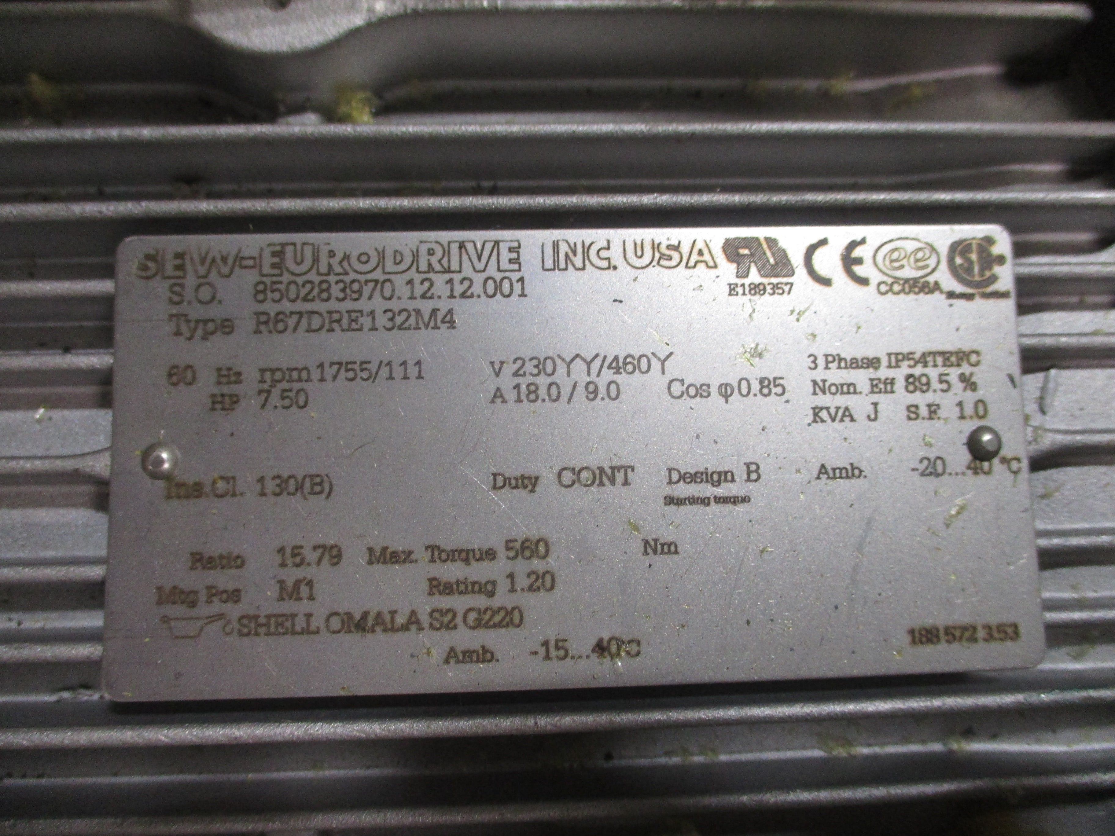 Sew-Eurodrive Gearmotor R67DRE132M4 7.5HP 111 RPM Output 230/460V 3Ph 60Hz New S