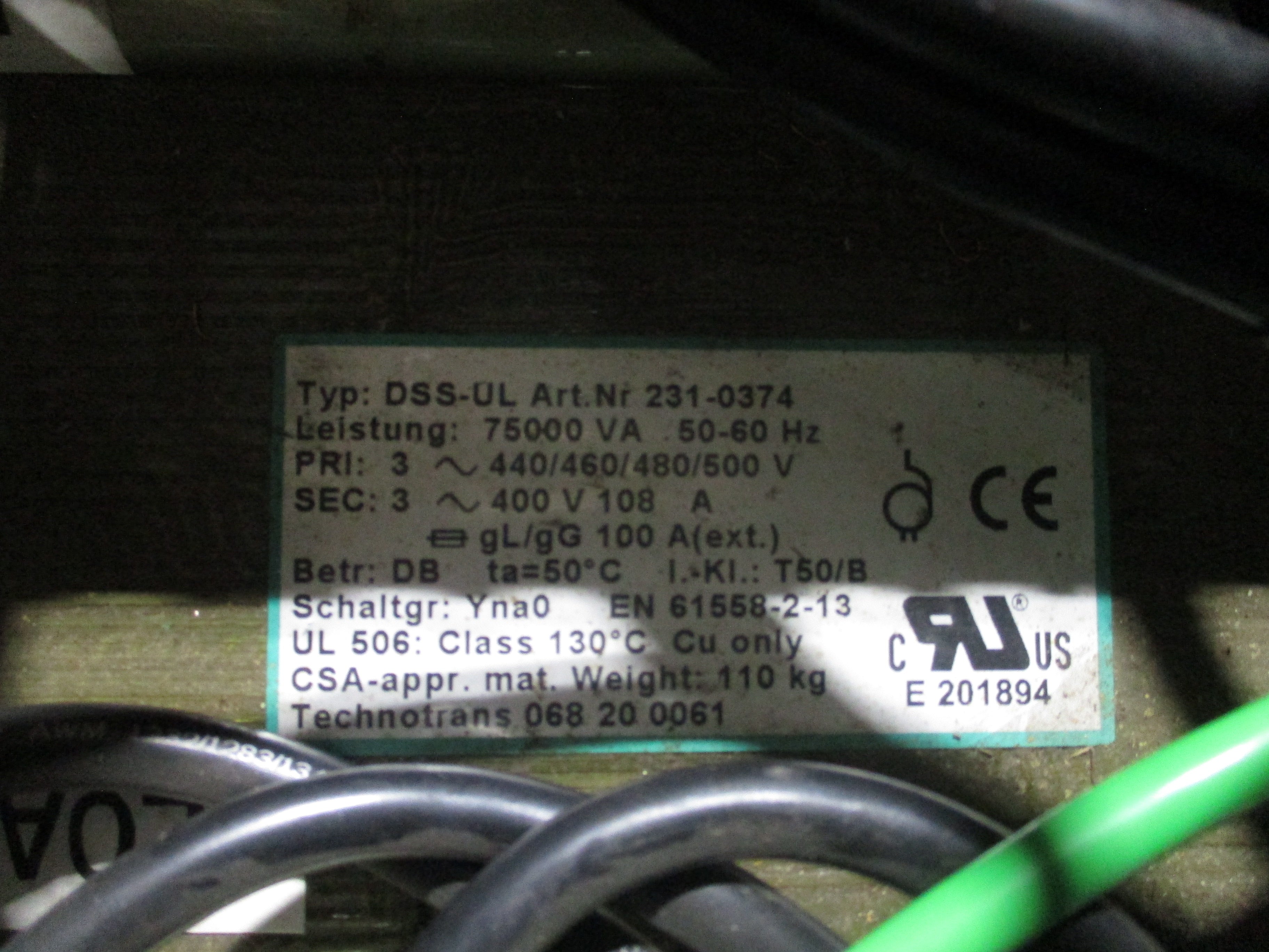 Technotrans Enclosed DSS-UL Transformer 231-0374 75kVA Used