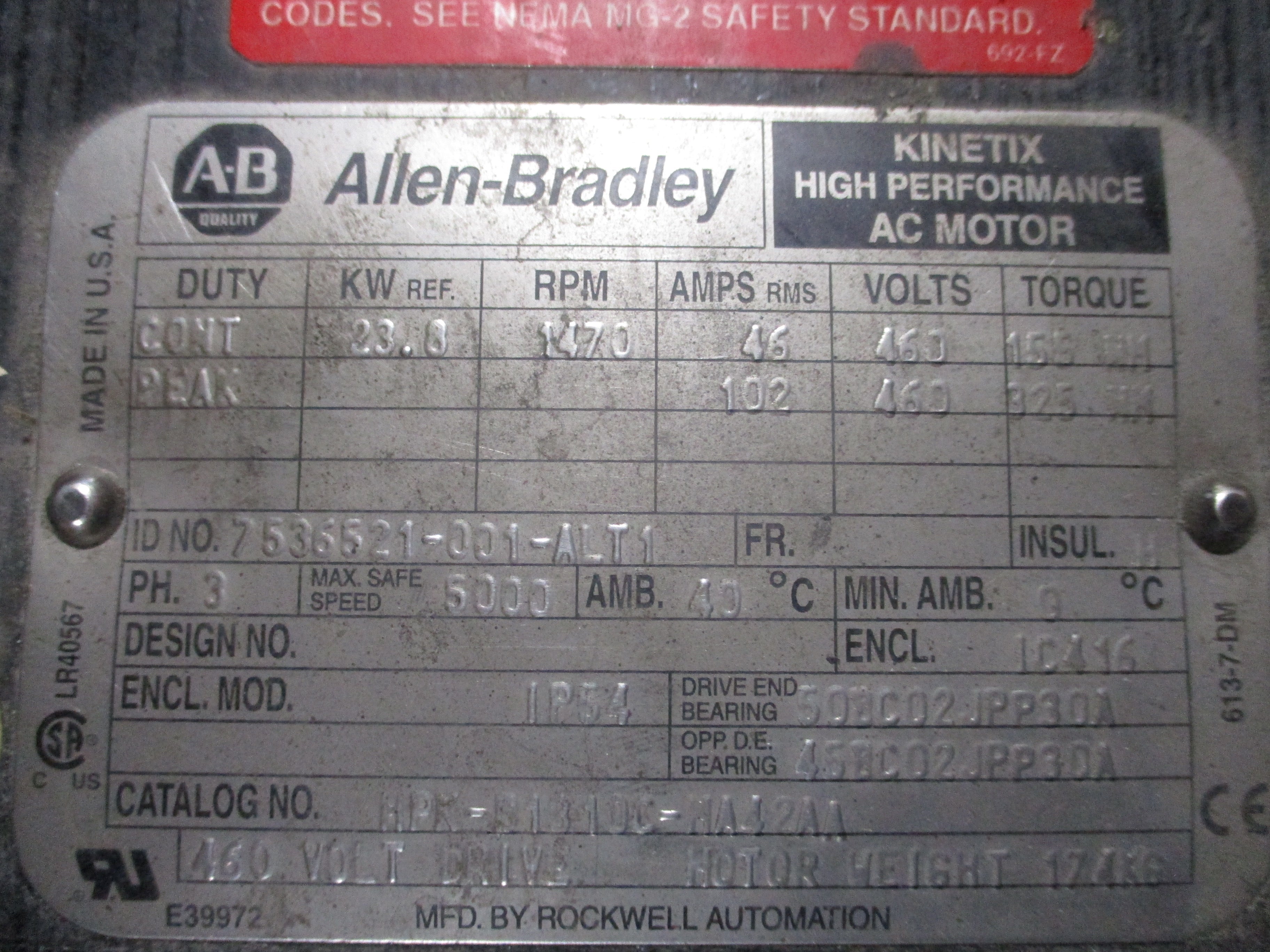 Allen-Bradley Kinetix AC Servo Motor HPK-B1310C-MA42AA 23.8kW 1470 RPM 460V Used