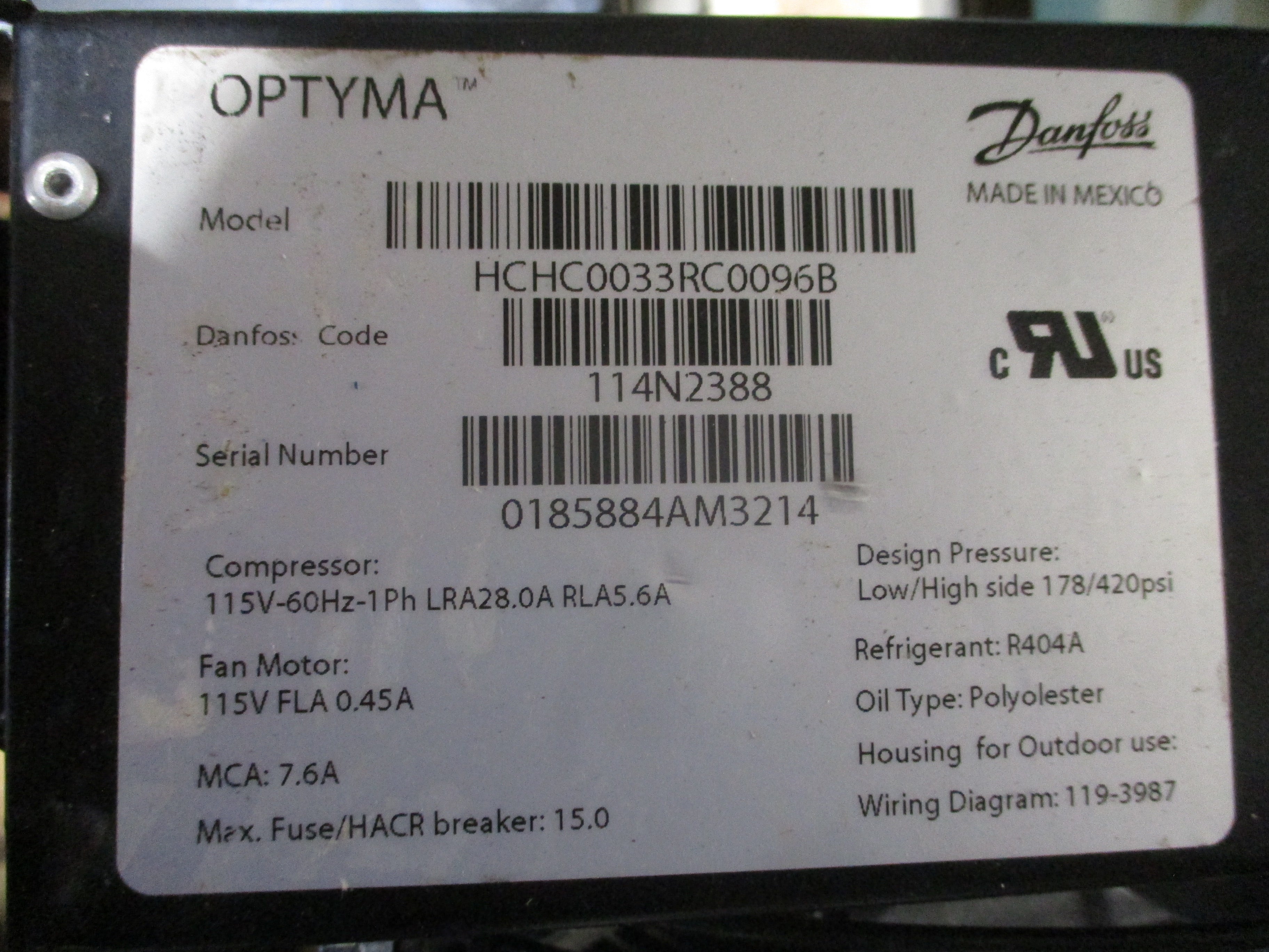 Danfoss Optyma Redi-Purge Unit HCHC0033RC0096B 115V 1Ph 178 PSI Low Side Used