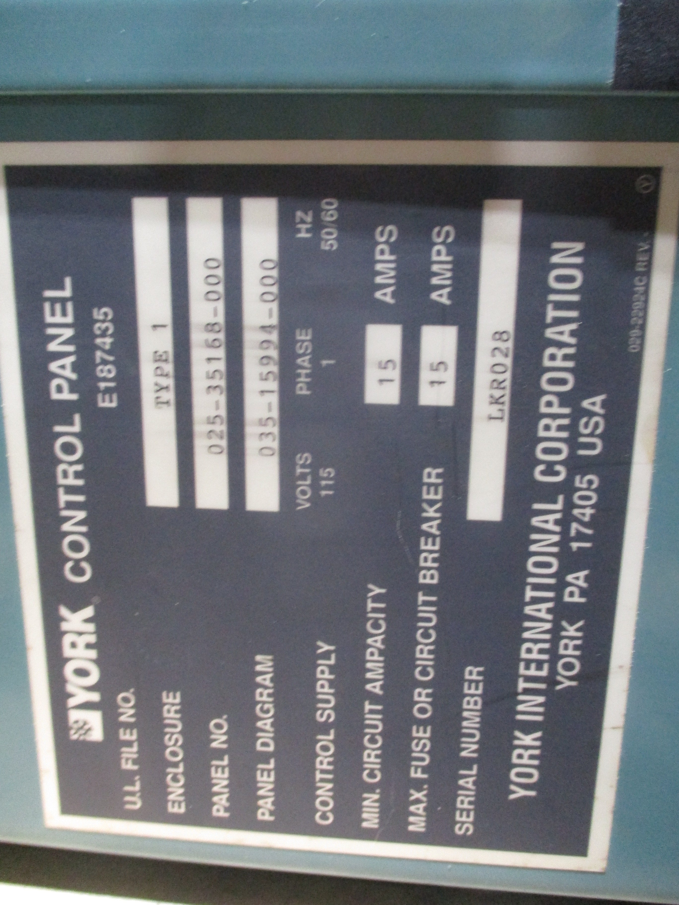 York Optiview Control Center 025-35168-000 Type 1 Enclosure 115V 1Ph 50/60Hz Use