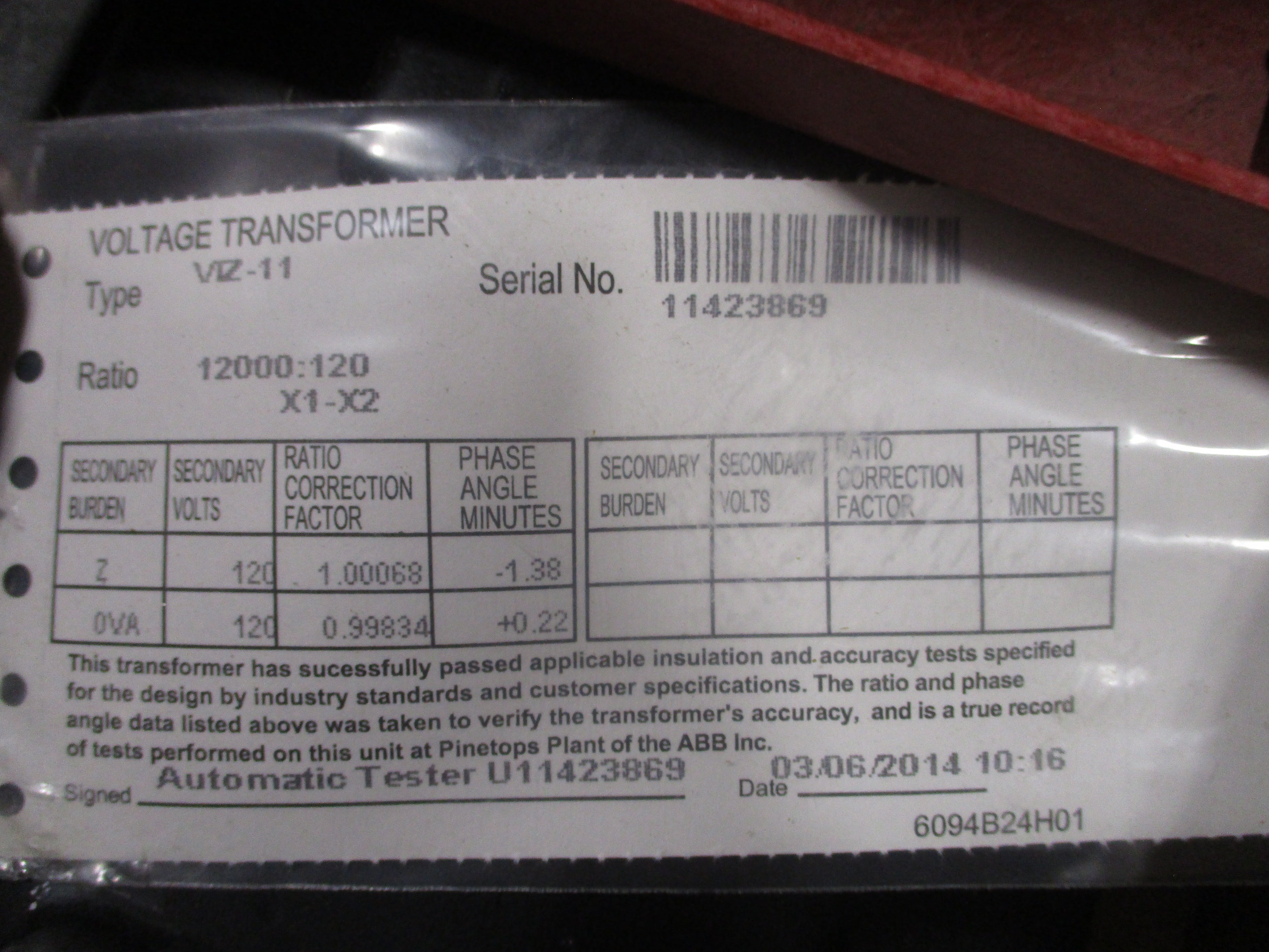ABB VIZ-11 Voltage Transformer 9628A17G08 Ratio 100:1 PRI: 12000Y/12000V 60Hz 11