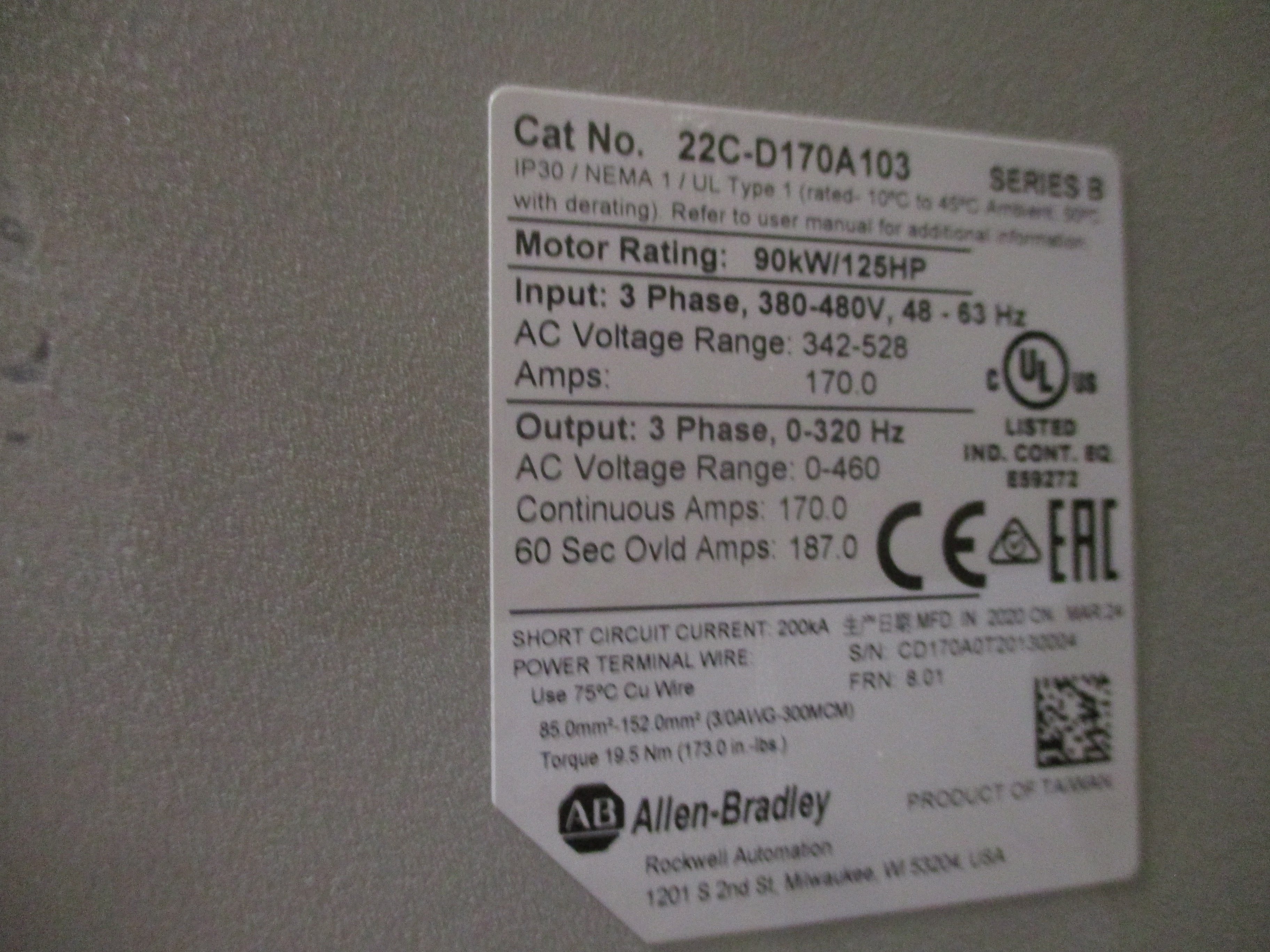 Allen-Bradley PowerFlex 400 AC Drive 22C-D170A103 Ser. B 125HP 3Ph Used