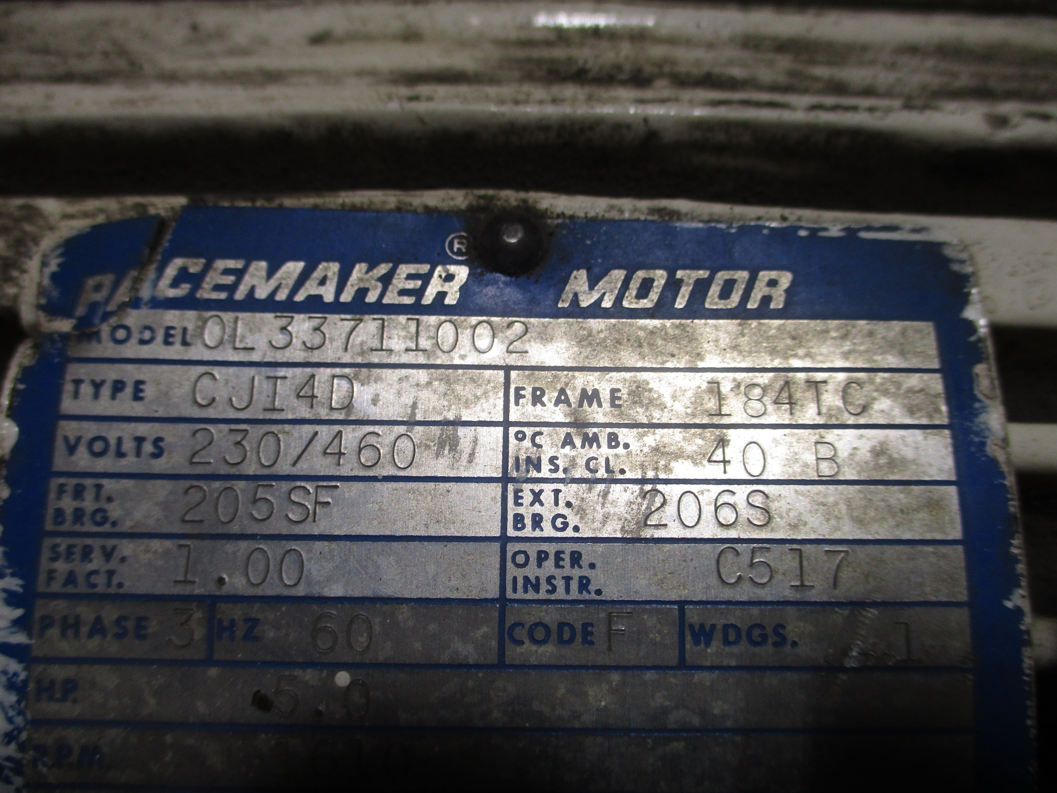 Pacemaker Motor W/Brake OL 337110 02 5.0HP 230/460V 1610RPM Frame 184TC 14/7A 60