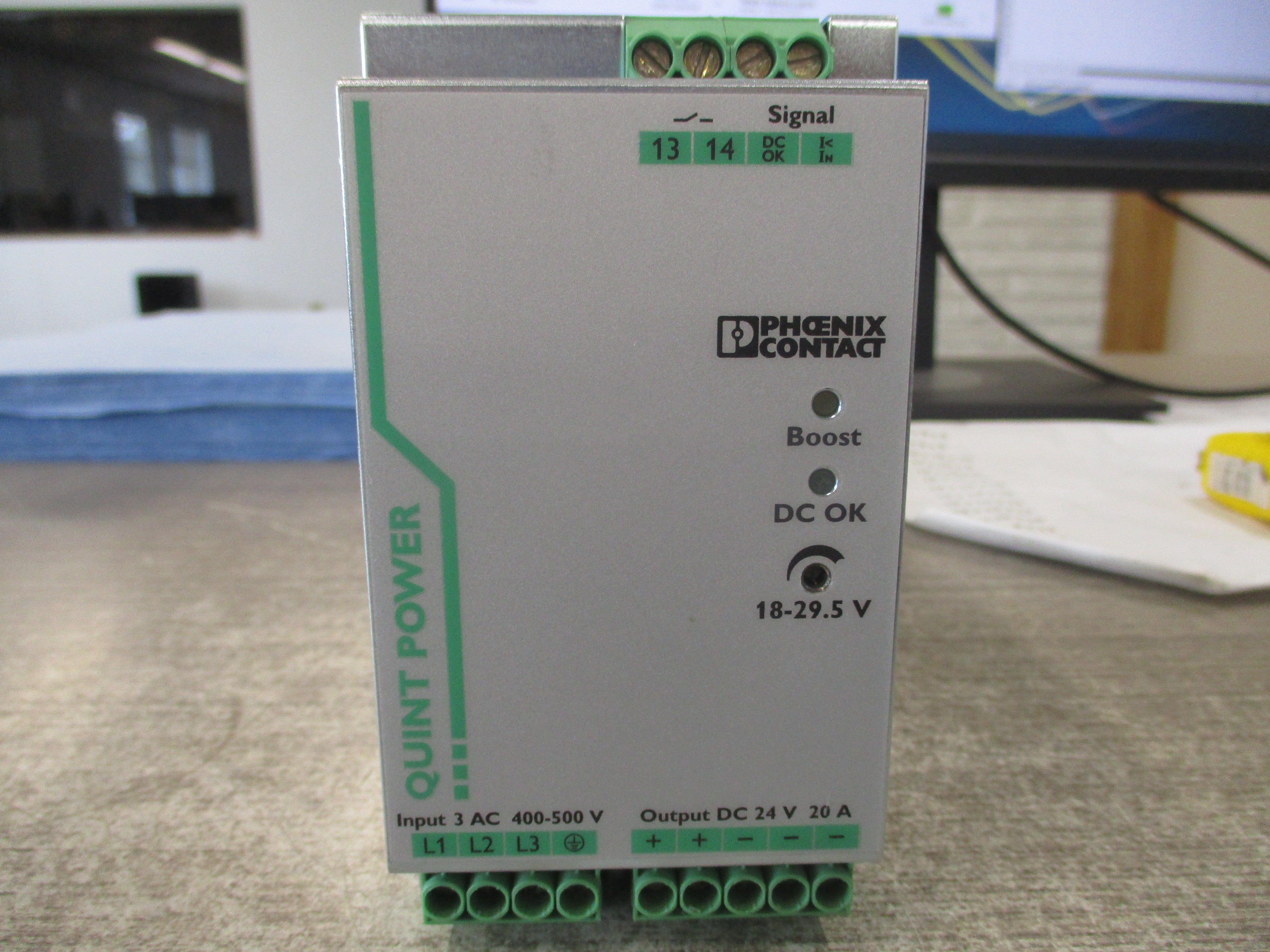 Phoenix Contact Power Supply 2866792 Rev.07 QUINT-PS/3AC/24DC/20 Input:3x400-500V / 50-60Hz / 3x1.6-1.3A Output: 24V / 20A (Boost 26A;  120A/12ms Used