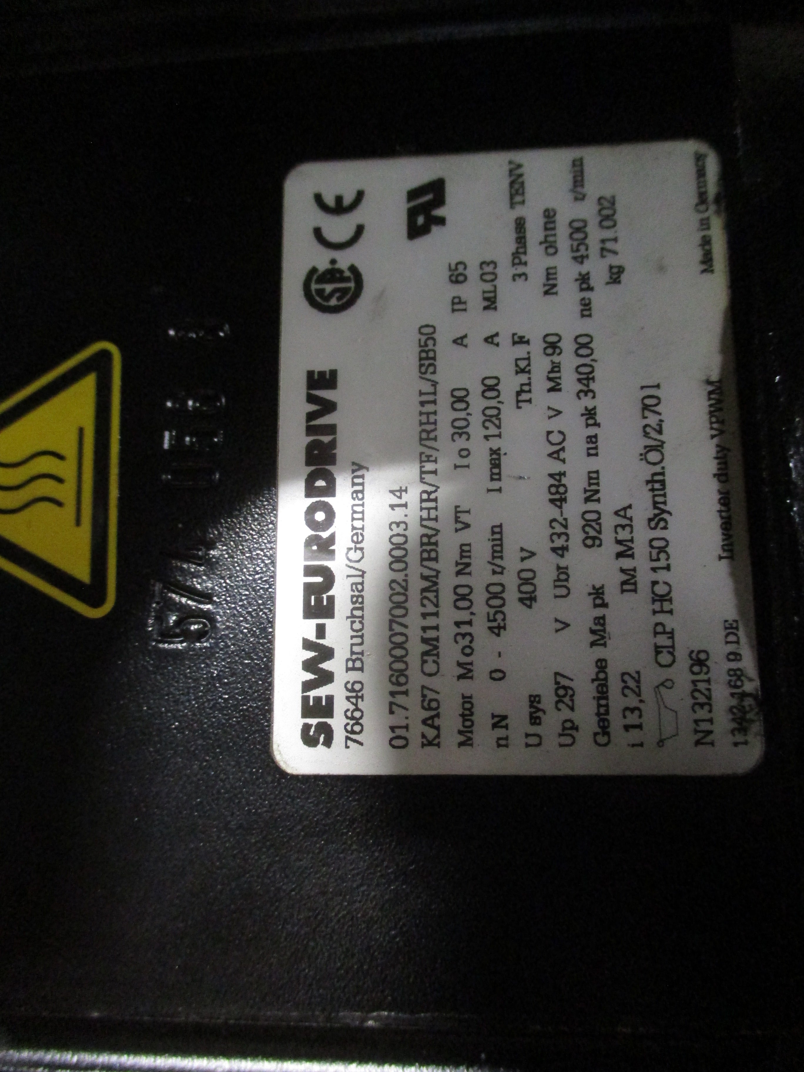 Sew-Eurodrive Servo Gearmotor KA67 CM112M/BR/HR/TF/RH1L/SB50 31Nm 0-4500RPM Rati