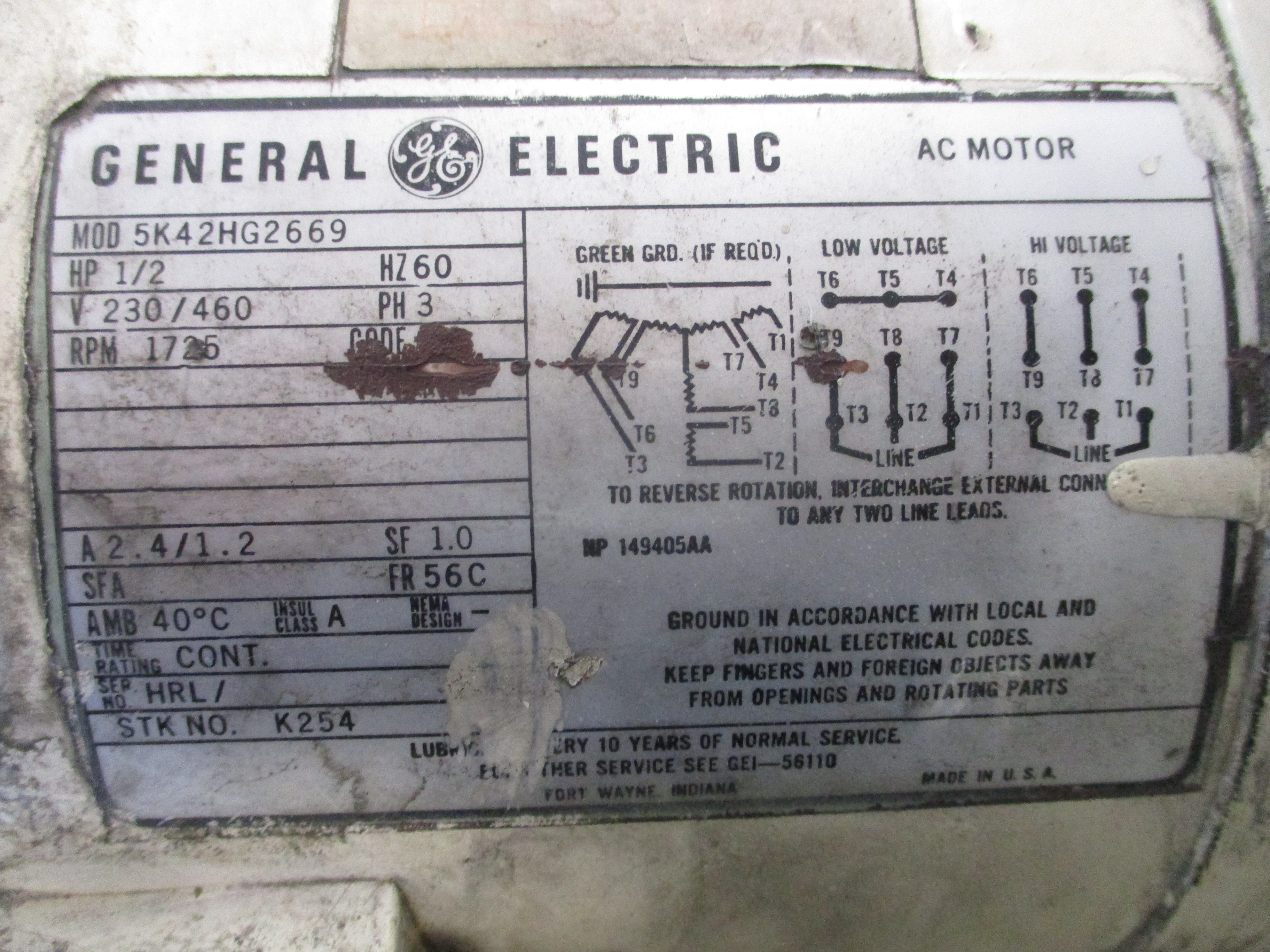 GE AC Motor 5K42HG2669 1/2HP 230/460V 1725RPM Frame 56C 60Hz 3Ph 2.4/1.2A W/Blow