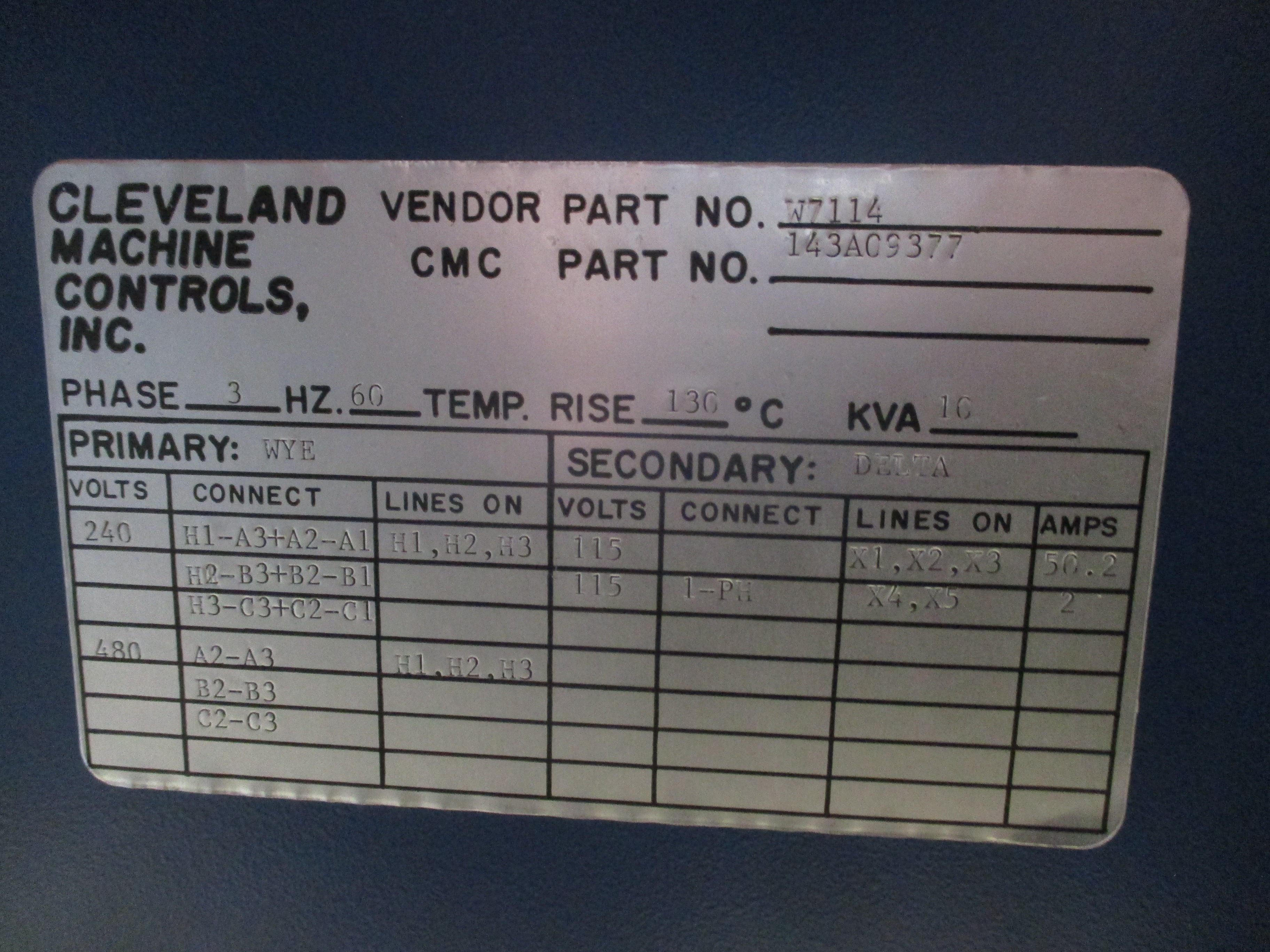 Cleveland Machine Controls Transformer 143A09377 10kVA Pri: 240/480V Sec: 115V 6