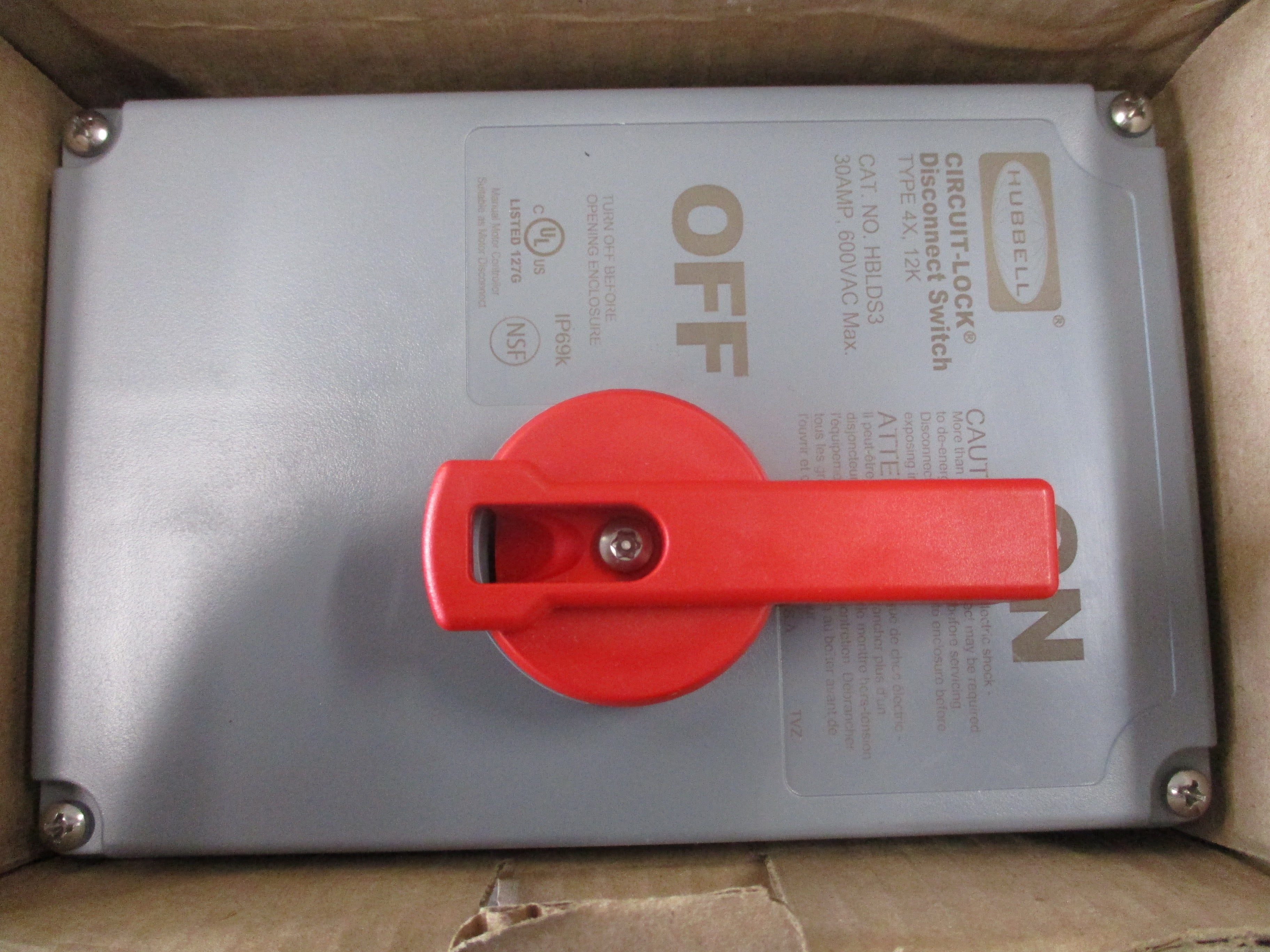 Hubbell Circuit-Lock Disconnect Switch HBLDS3 30A 600V Type 4X, 12K Enclosure New Surplus