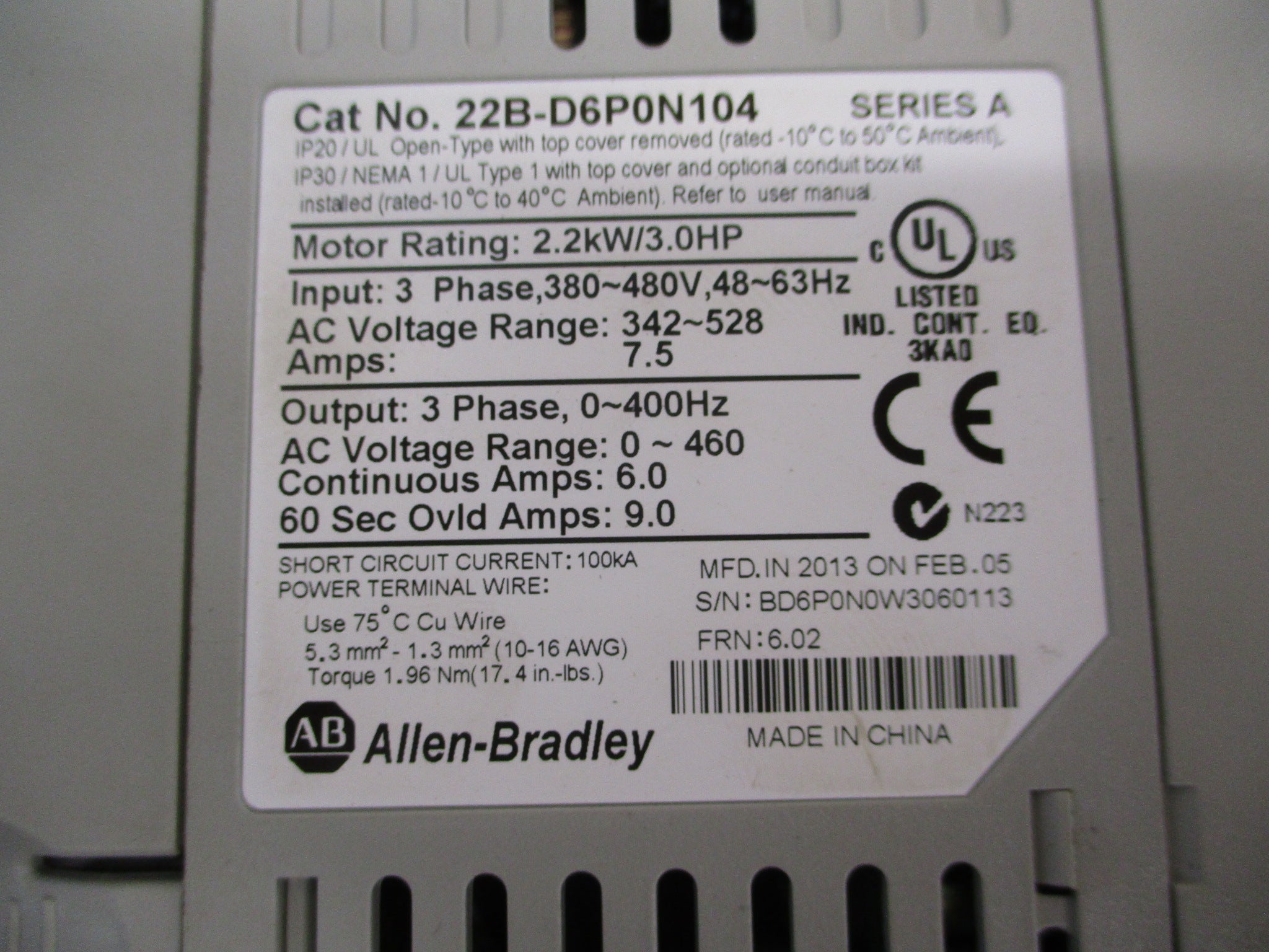 Allen-Bradley PowerFlex 40 AC Drive 22B-D6P0N104 3HP 3Ph Used