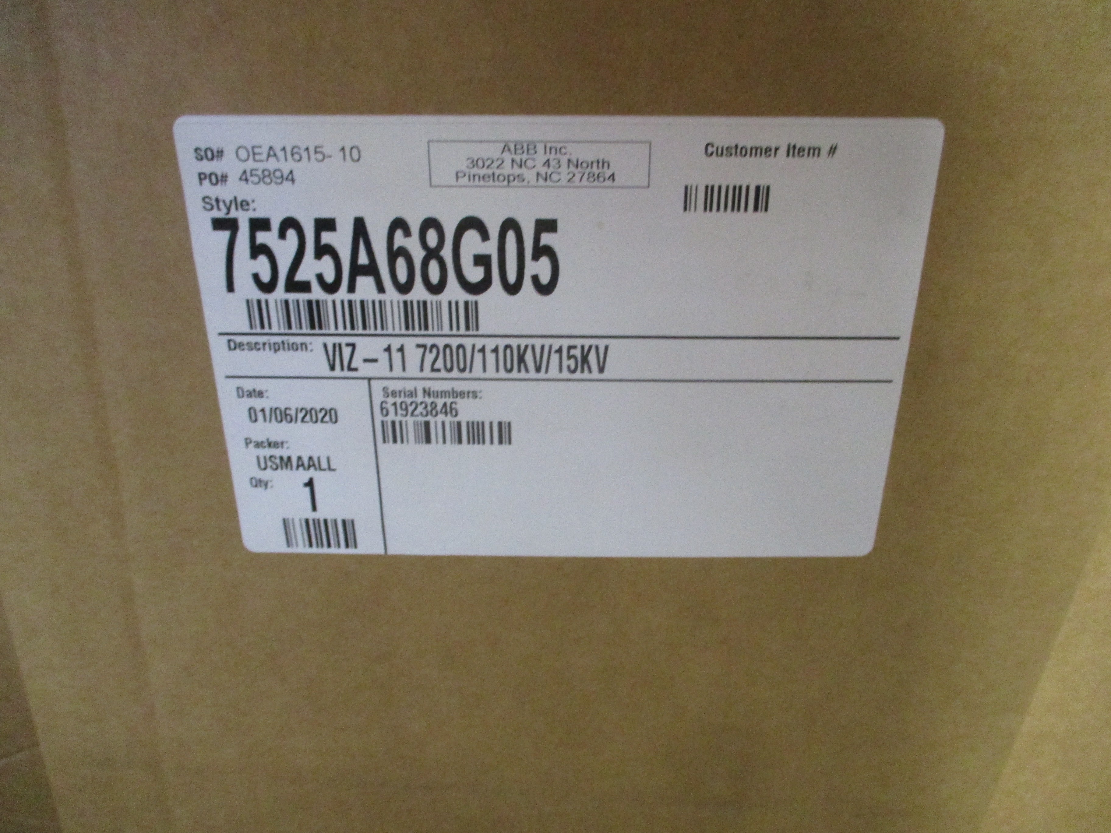 ABB VIZ-11 Voltage Transformer 7525A68G05 Pri: 7200V/12470GY Ratio 60:1 New Surplus