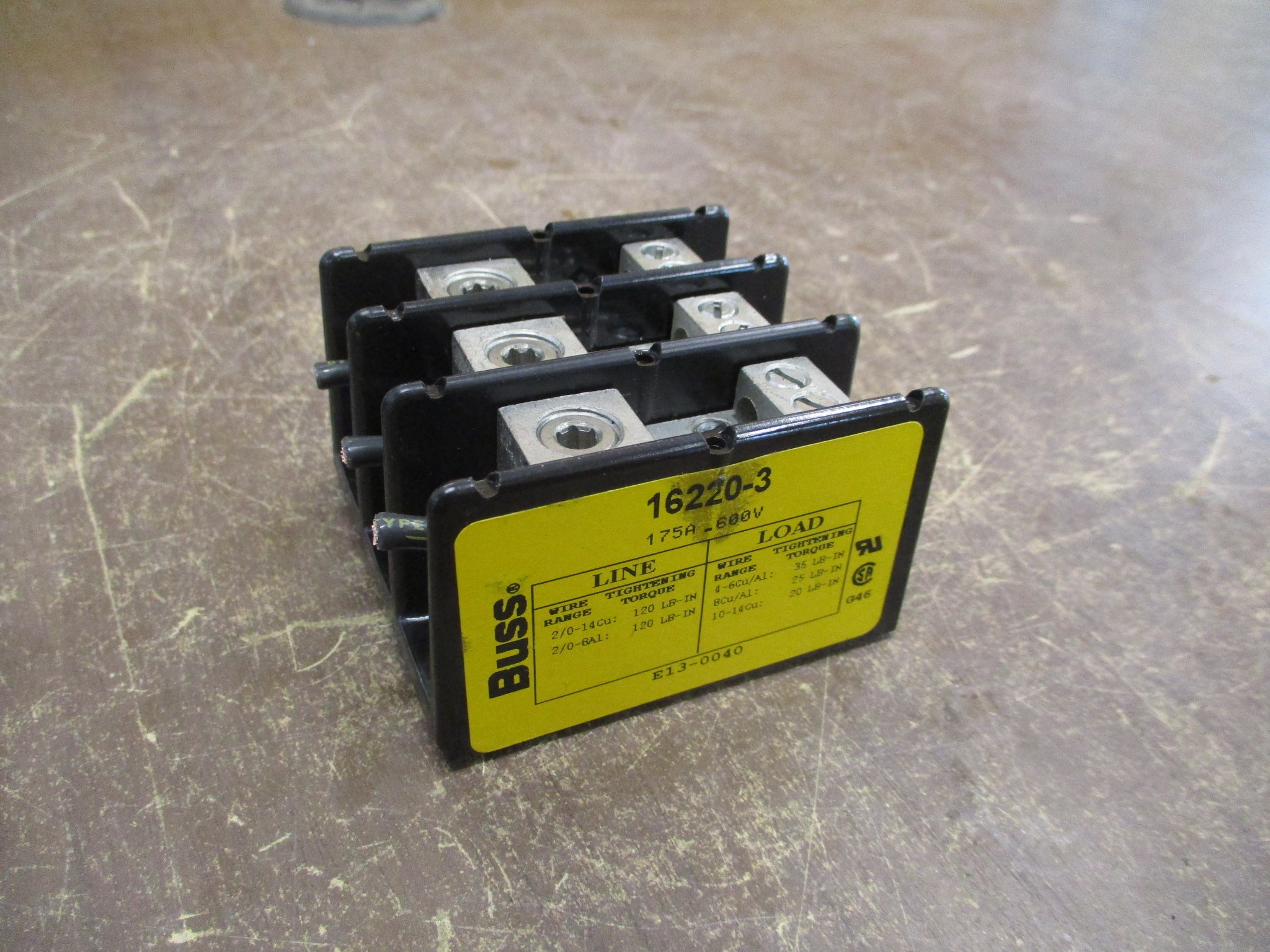 Buss Power Distribution Block 16220-3 175A 600V 3P Line: 2/0-14 Used