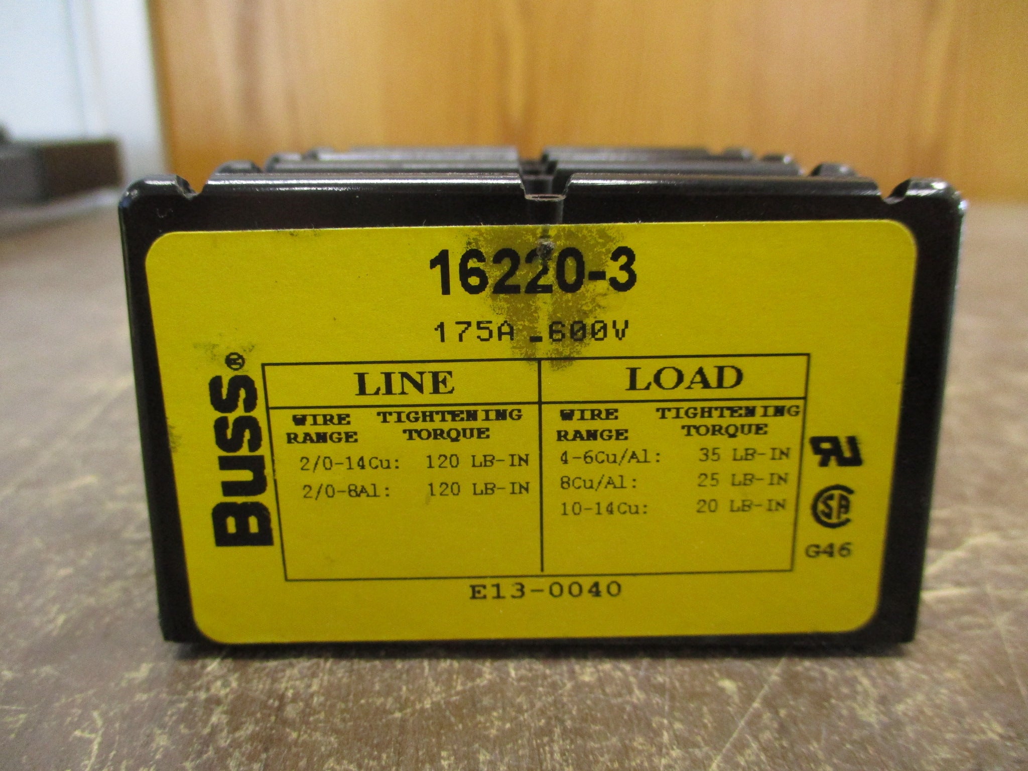 Buss Power Distribution Block 16220-3 175A 600V 3P Line: 2/0-14 Used