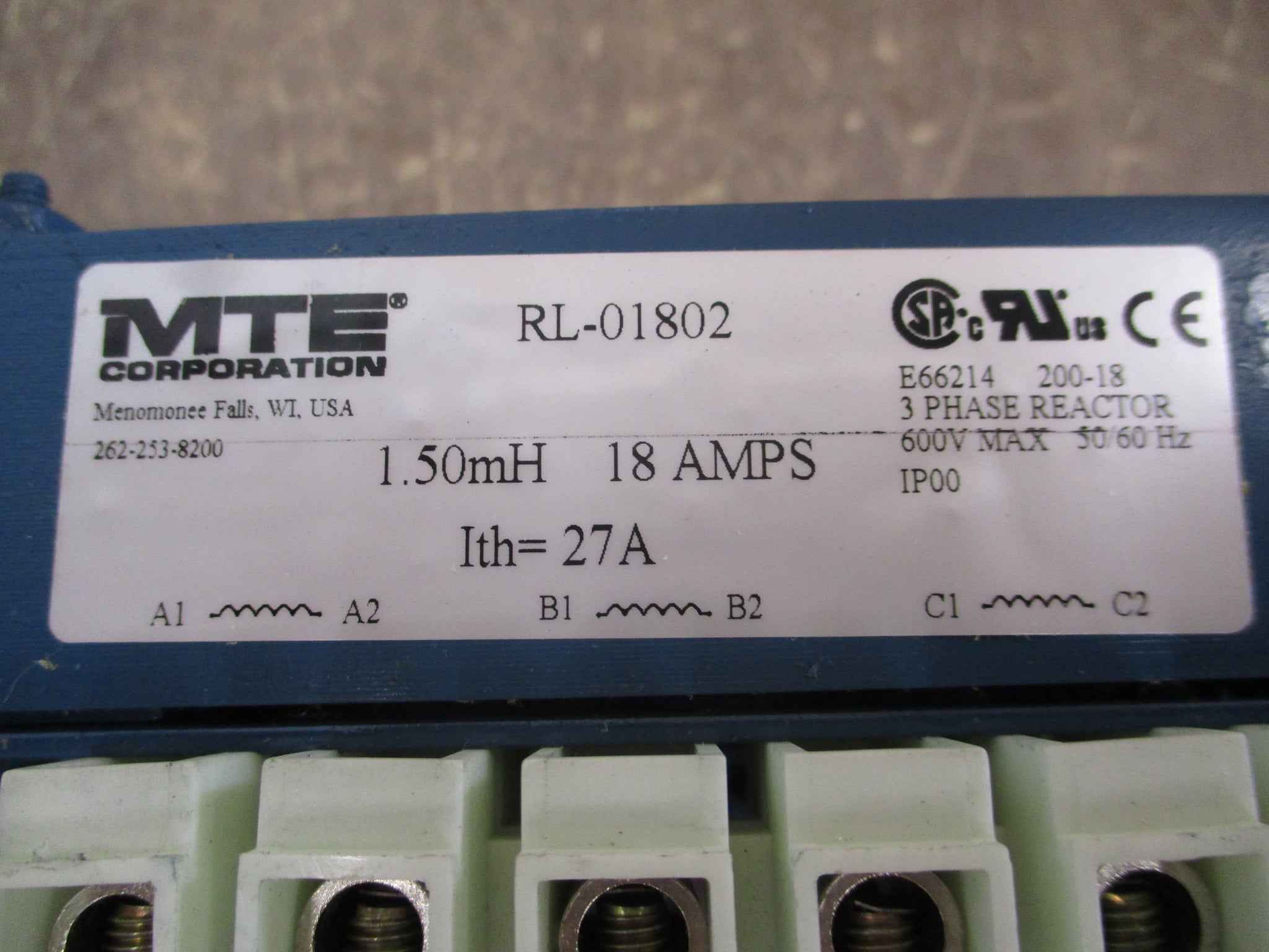 MTE Line Reactor RL-01802 1.50mH 18A 600V 3Ph 50/60Hz Used