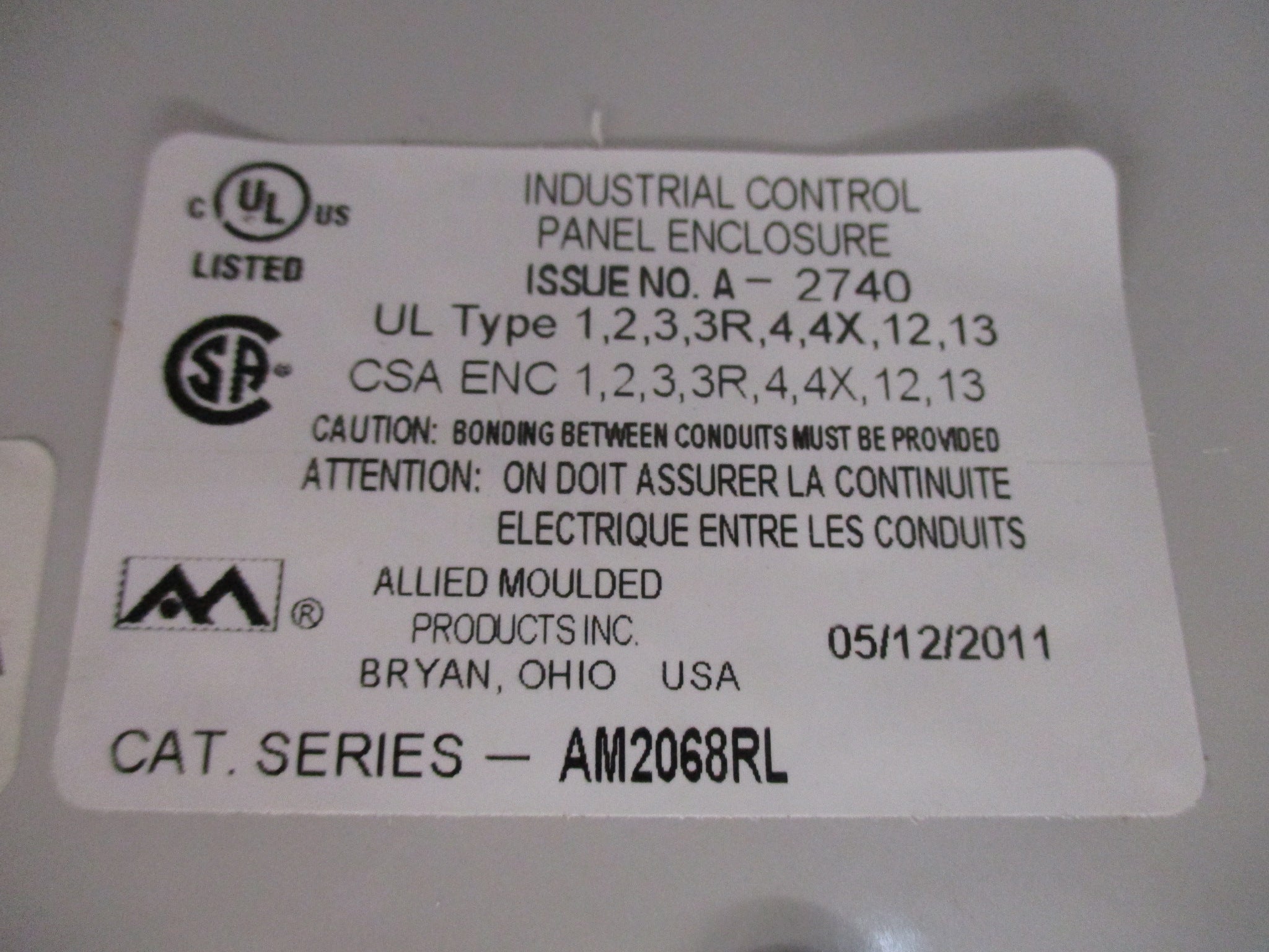 Allied Moulded Products Nema 3R, 4X, 12 Enclosure AM2068RL Size: 20" x 16" x 8"