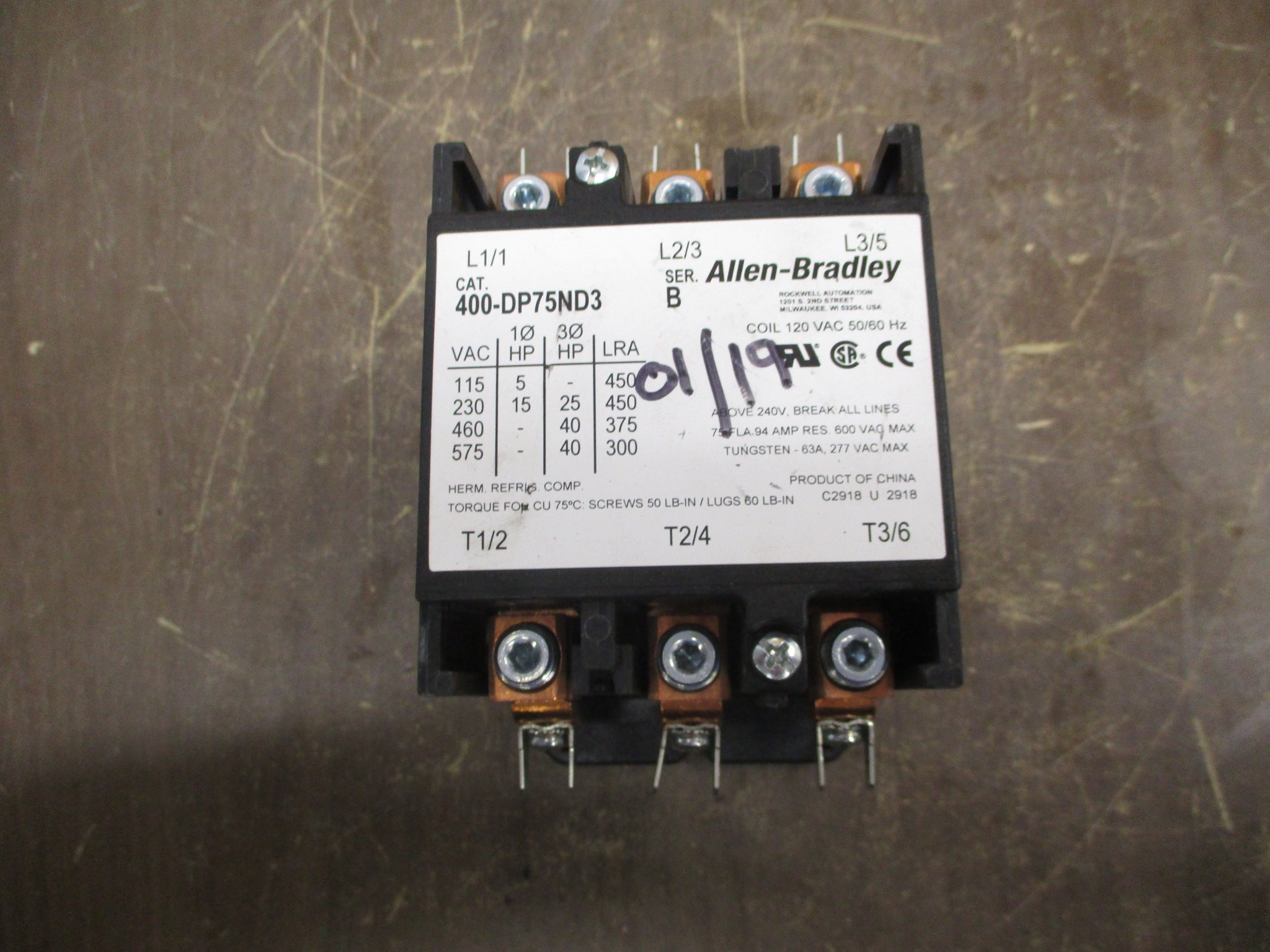 Allen-Bradley Contactor 400-DP75ND3 Ser. B 120V Coil 75A 600V w/ Aux Contact