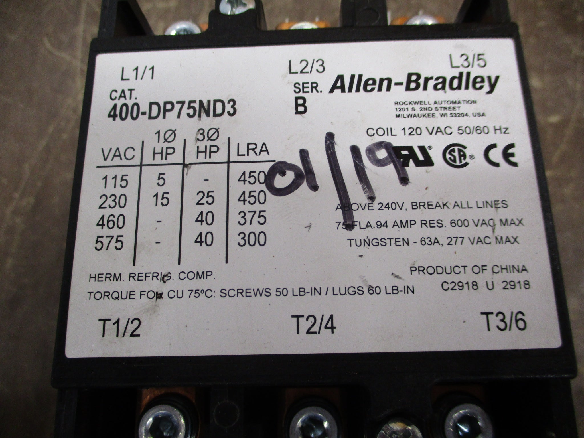 Allen-Bradley Contactor 400-DP75ND3 Ser. B 120V Coil 75A 600V w/ Aux Contact