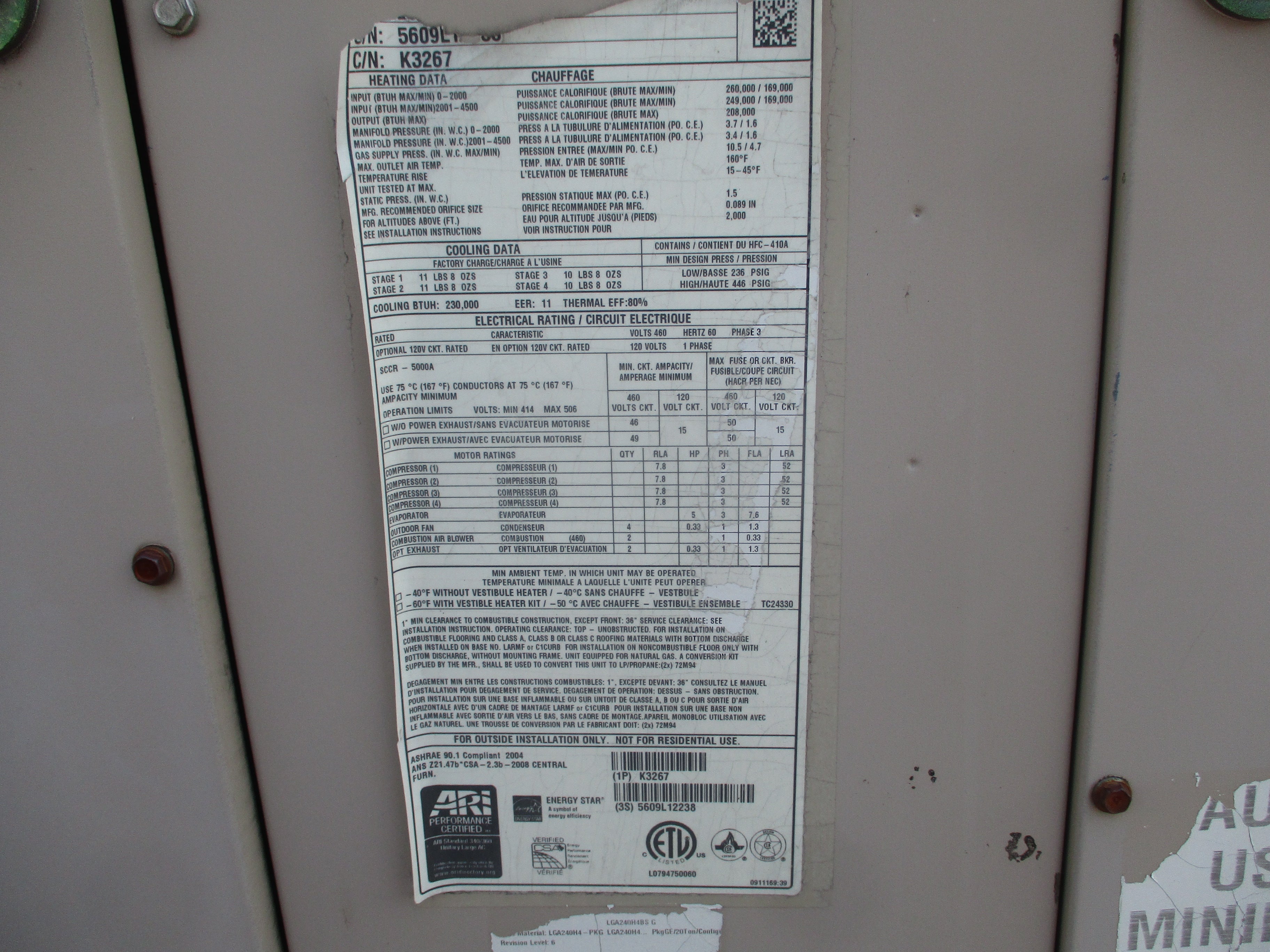 Lennox Rooftop Unit LGA 240 H4 BSG 20 Ton 460V 249.000 BTU 2009 MFD R410A Natural Gas Heat Used
