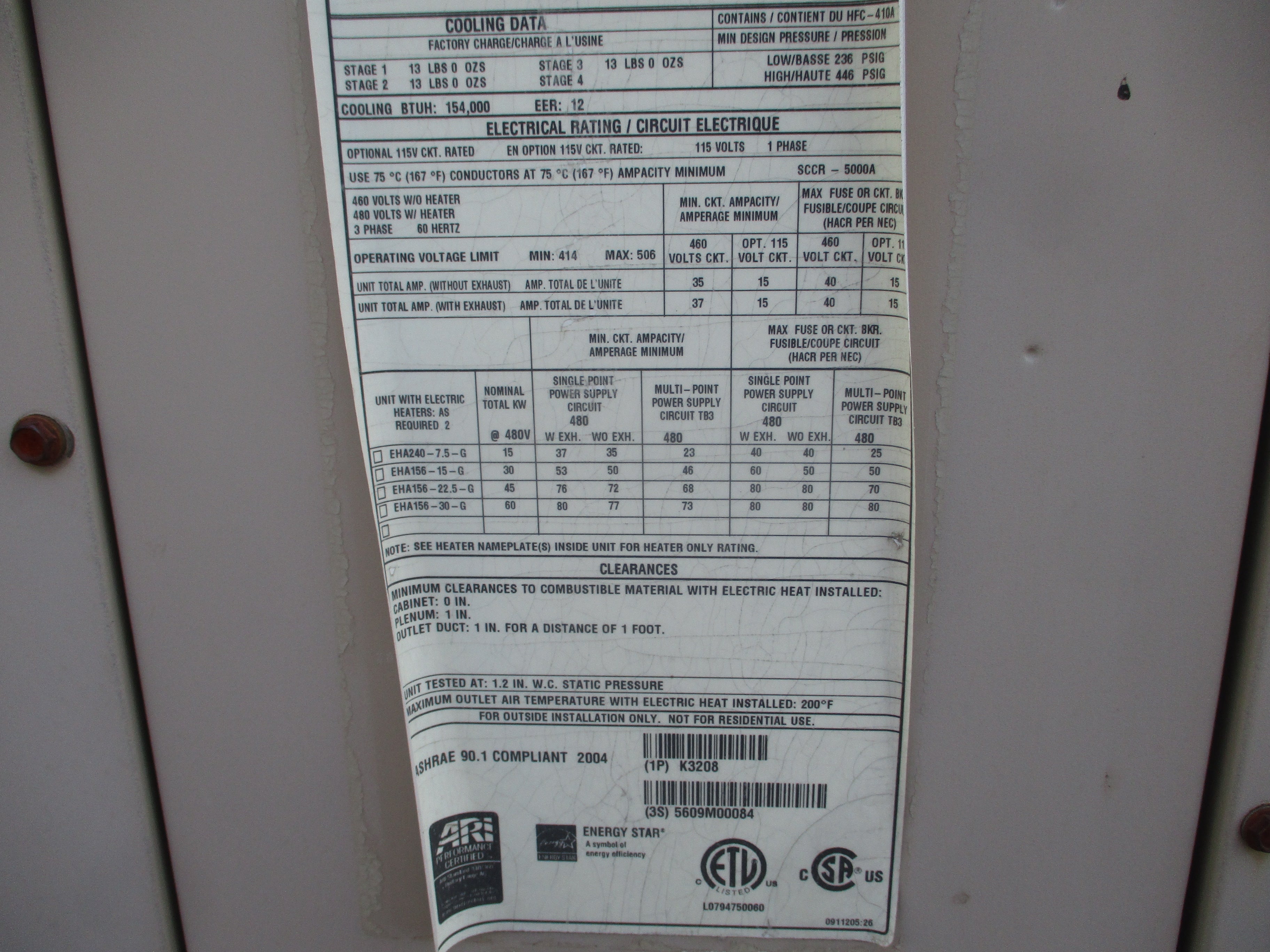 Lennox Rooftop Unit LLC156H4BN1G 12.5 Ton 115V 46 KW R410A 2009 MFD Electric * No Heat * Used