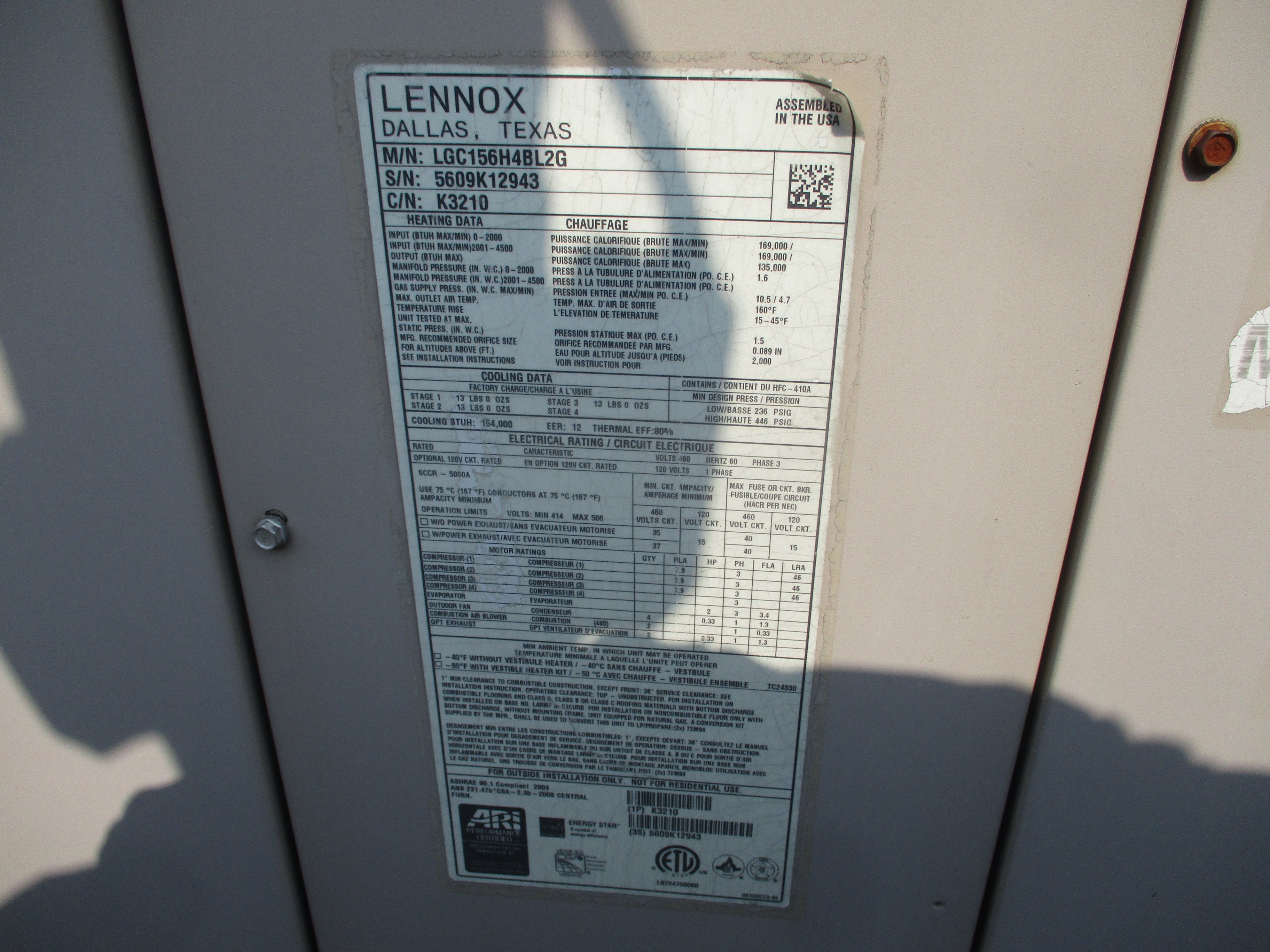 Lennox Rooftop Unit LGC156H4BL2G 12.5 Ton 460V 46KW 169.000 BTU R410A 2009 MFD Natural Gas Heat Used