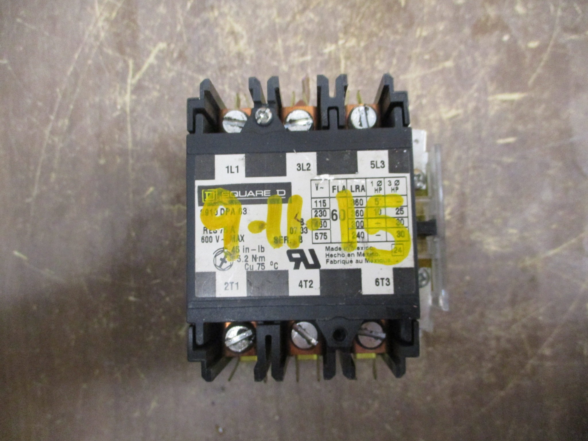 Square D Contactor 8910 DPA 63 Ser. B 120V Coil 60A w/ Aux Contact Used