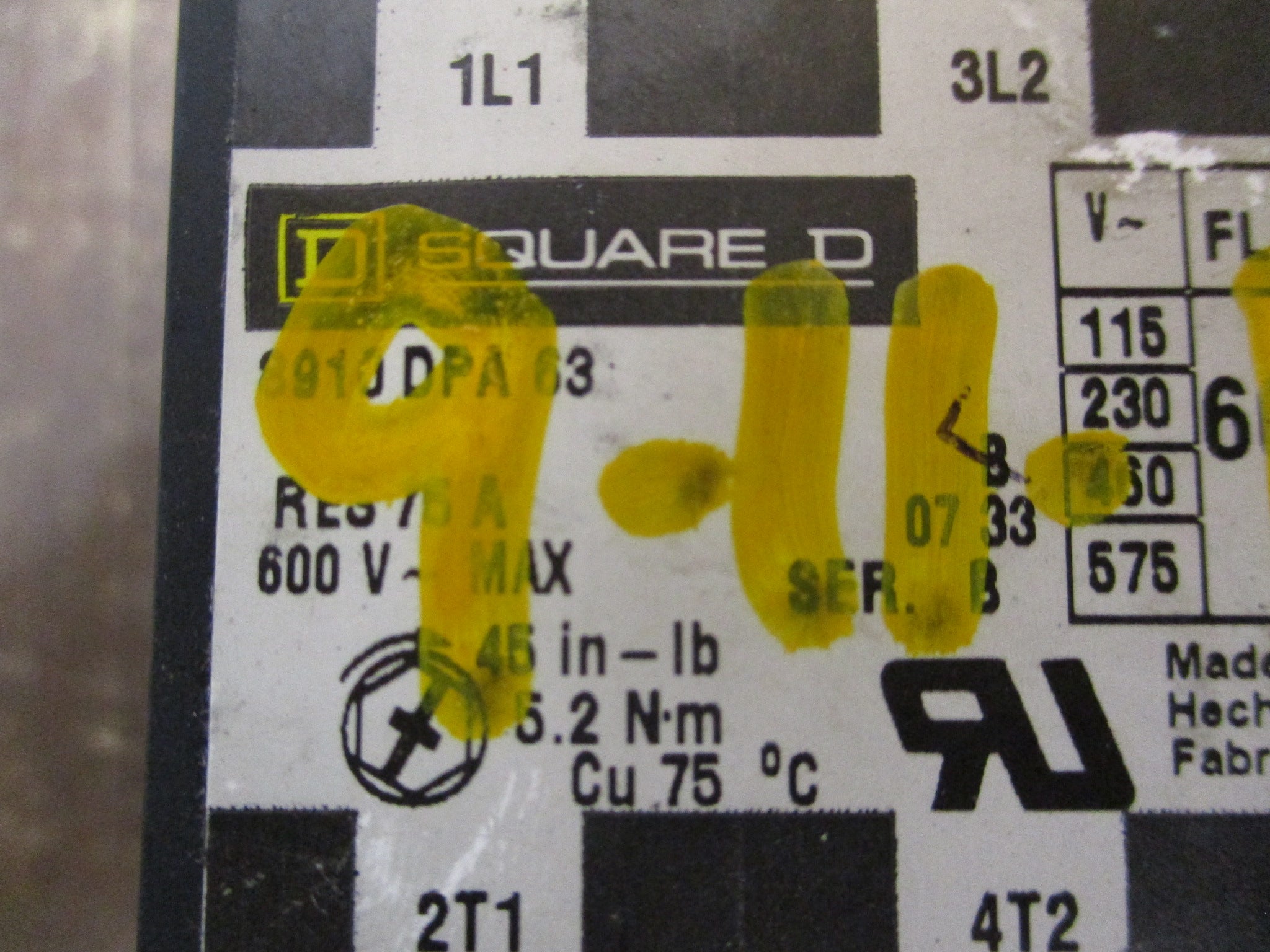 Square D Contactor 8910 DPA 63 Ser. B 120V Coil 60A w/ Aux Contact Used