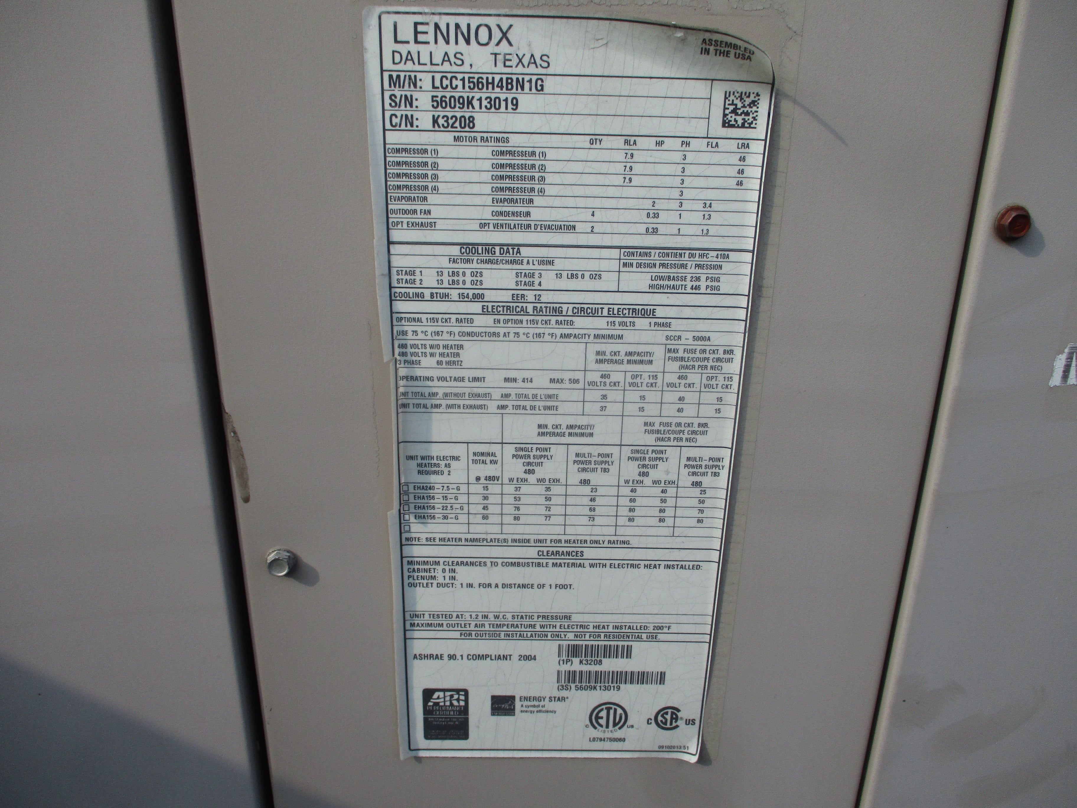 Lennox Rooftop Unit LLC156H4BN1G 12.5 Ton 115V 46 KW R410A 2009 MFD Electric * No Heat * Used