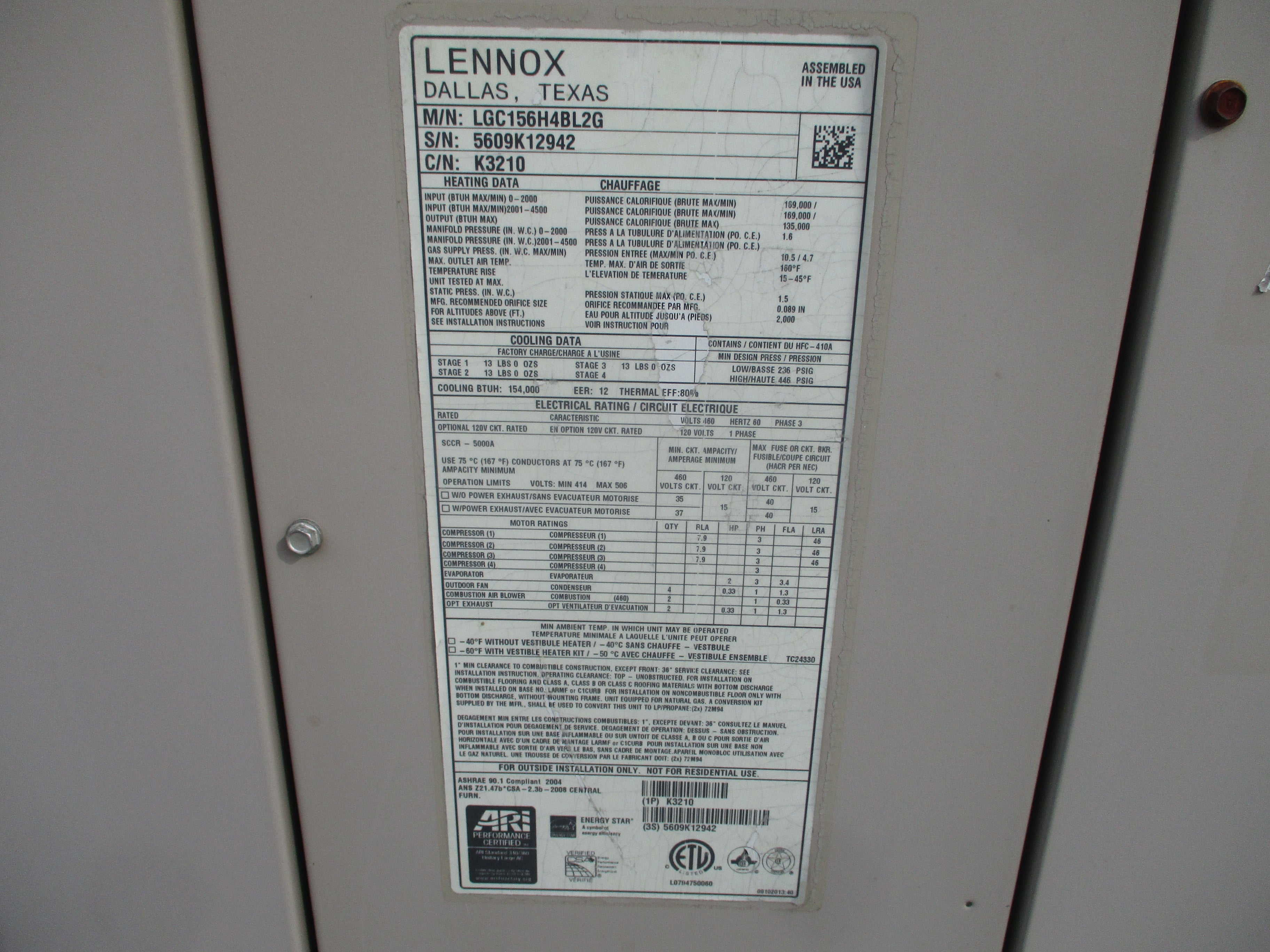 Lennox Rooftop Unit LGC156H4BL2G 12.5 Ton 460V 46KW 169.000 BTU R410A 2009 MFD Natural Gas Heat Used