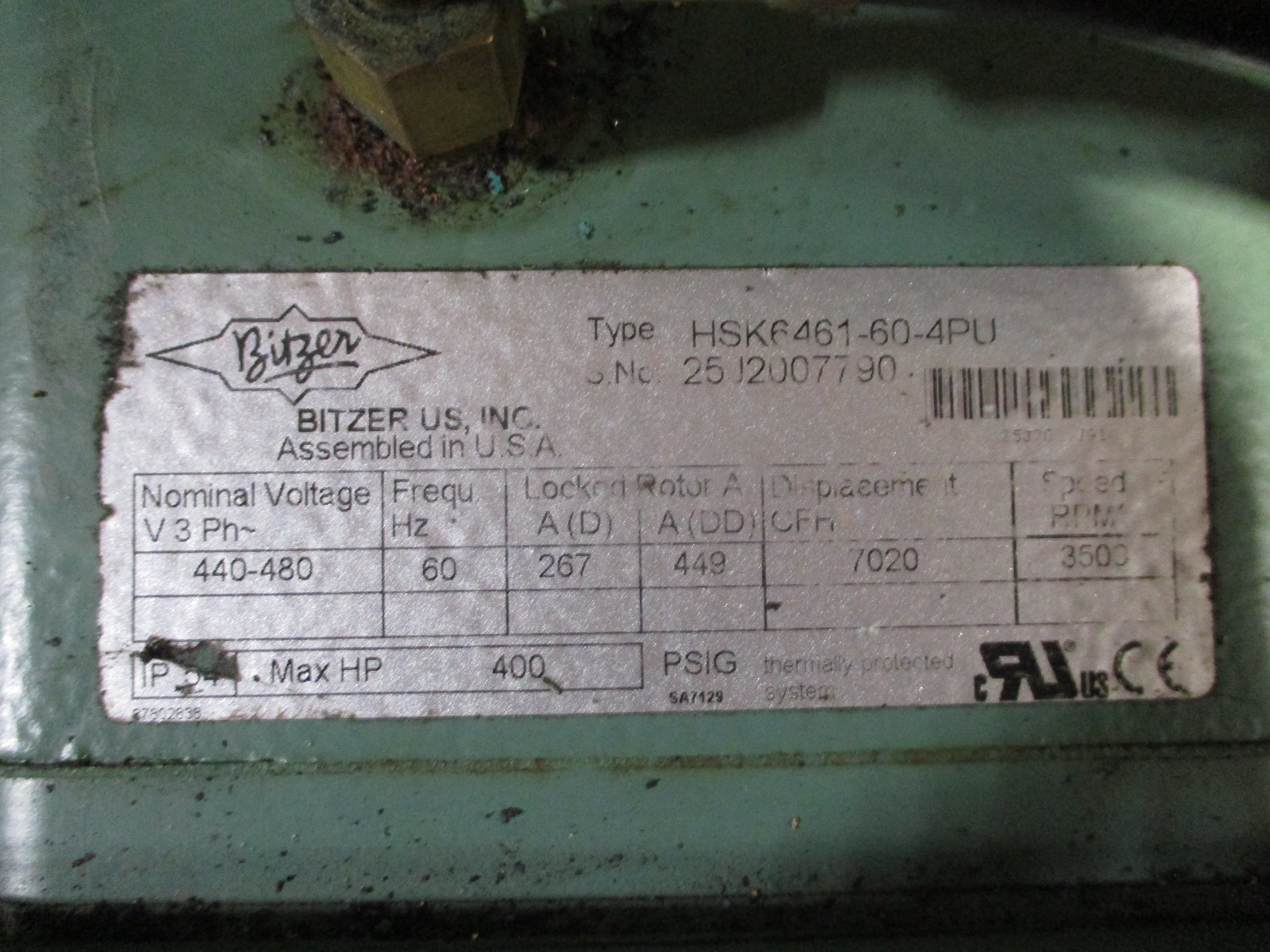 Bitzer Semi-Hermetic Screw Compressor HSK6461-60-4PU 440-480V 60Hz 3500RPM 7020
