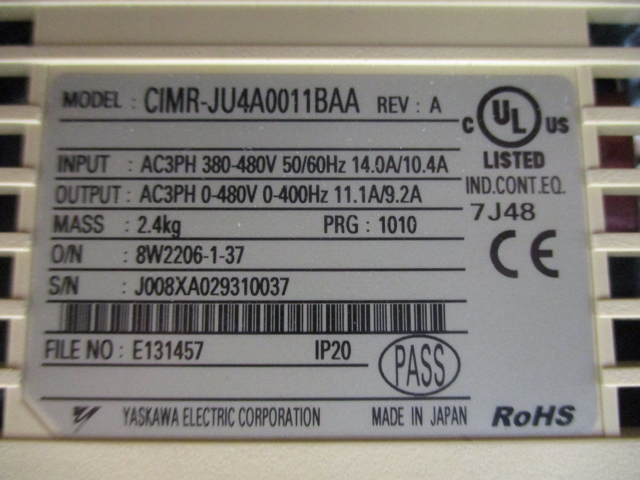 Yaskawa J1000 AC Drive CIMR-JU4A0011BAA 7.5HP 3Ph Used