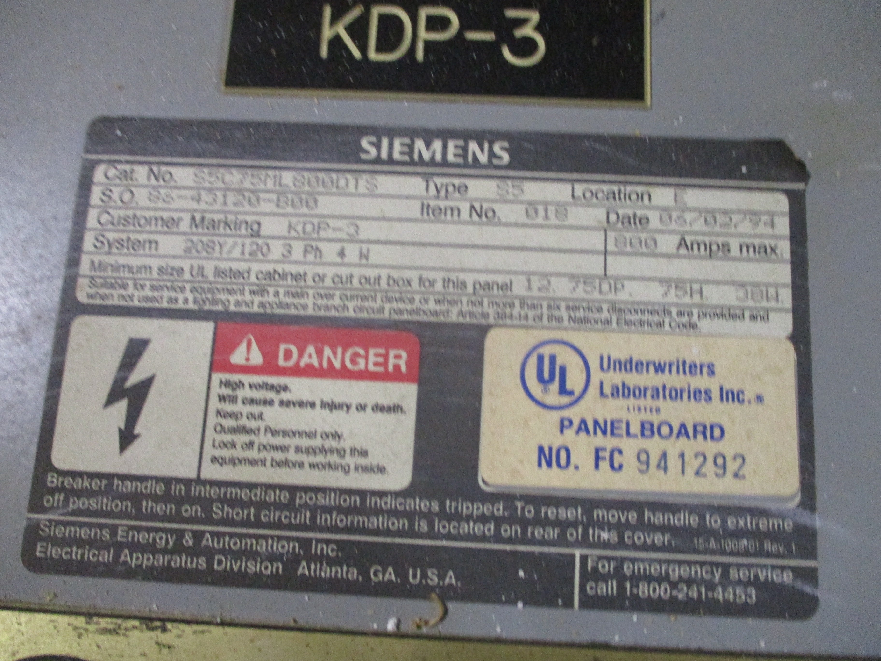 Siemens S5C75ML800DTS 800A 208Y/120V 3Ph 4W 600A Distribution Breaker Breakers: