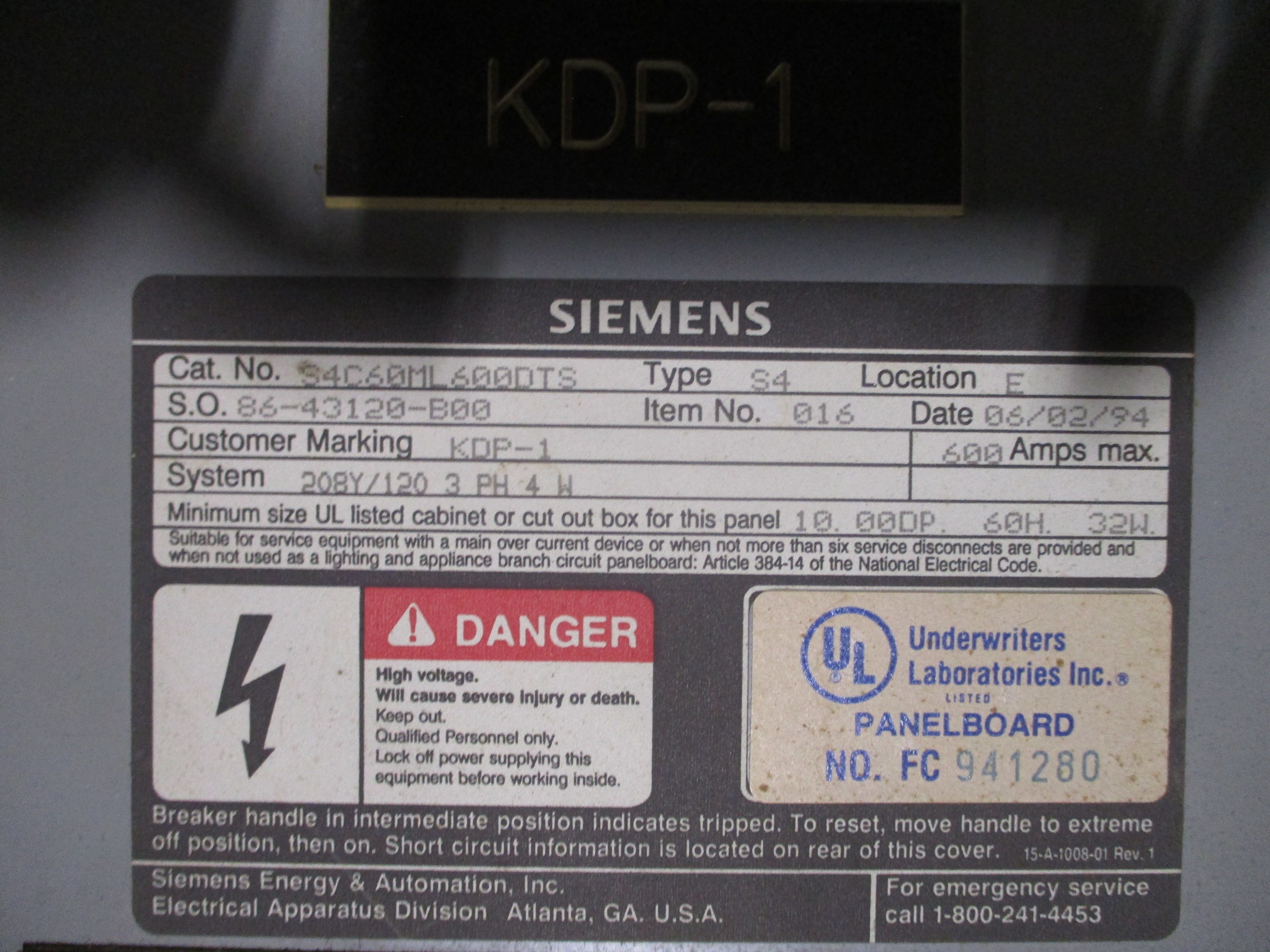 Siemens S4C60ML600DTS 600A 208Y/120V 3Ph 4W Breakers: (3) 225A (1) 100A Large Fr