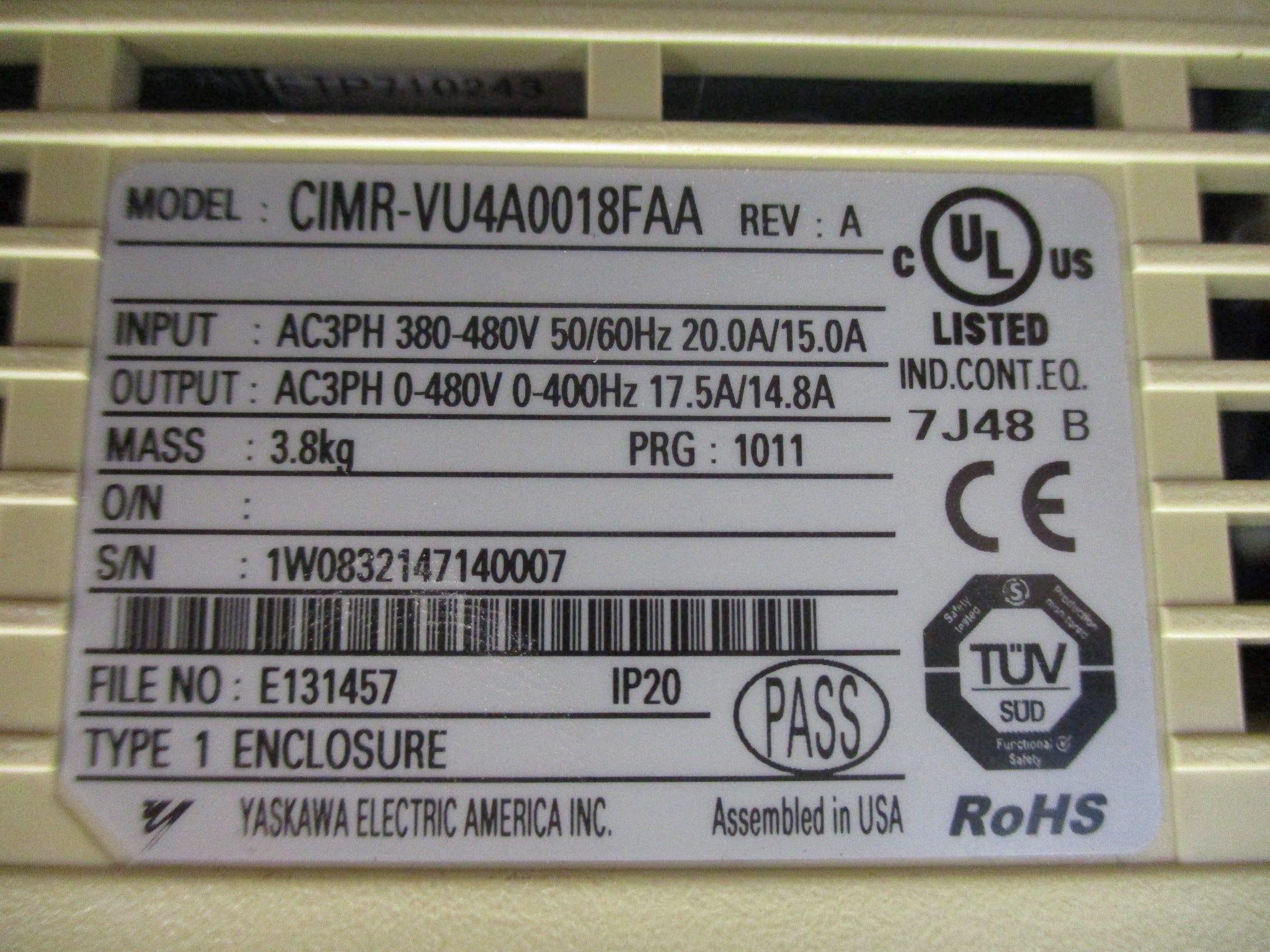 Yaskawa V1000 AC Drive CIMR-VU4A0018FAA 10HP 3Ph w/ Keypad Used