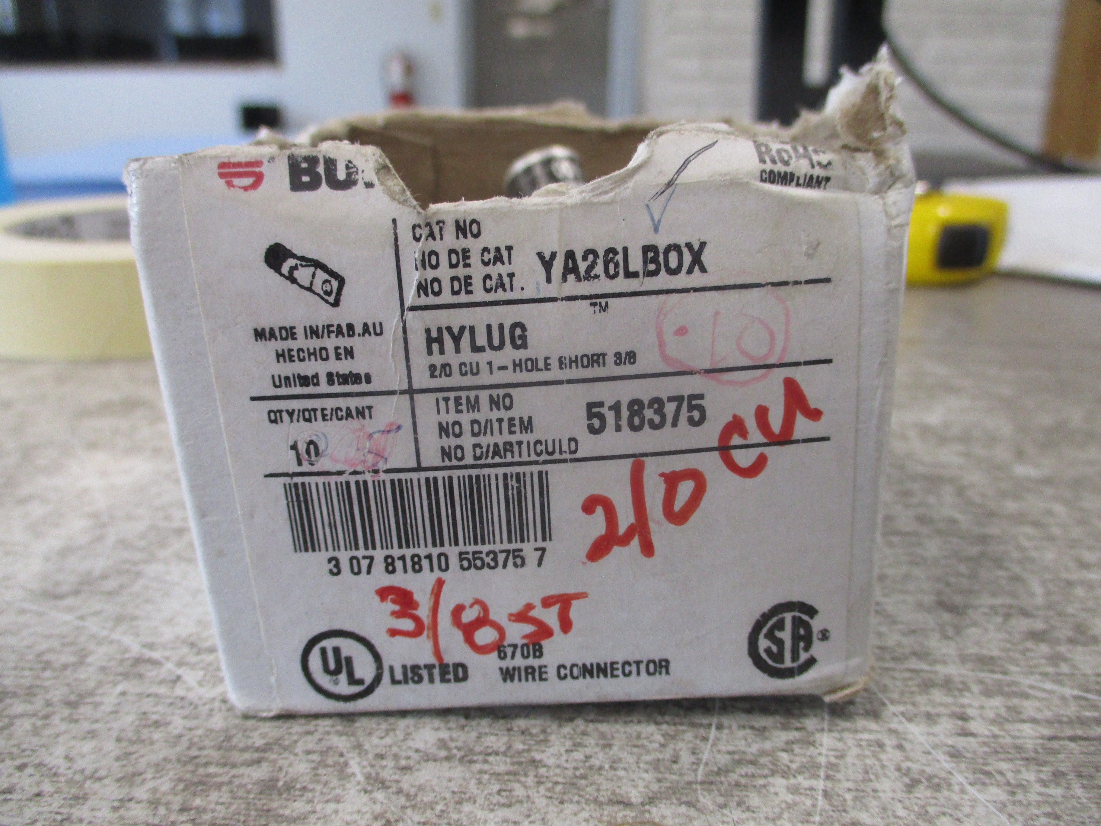 Burndy Hylug Crimp Lug YA26LBOX 1-Hole 2/0 * Box of 6 * New Surplus