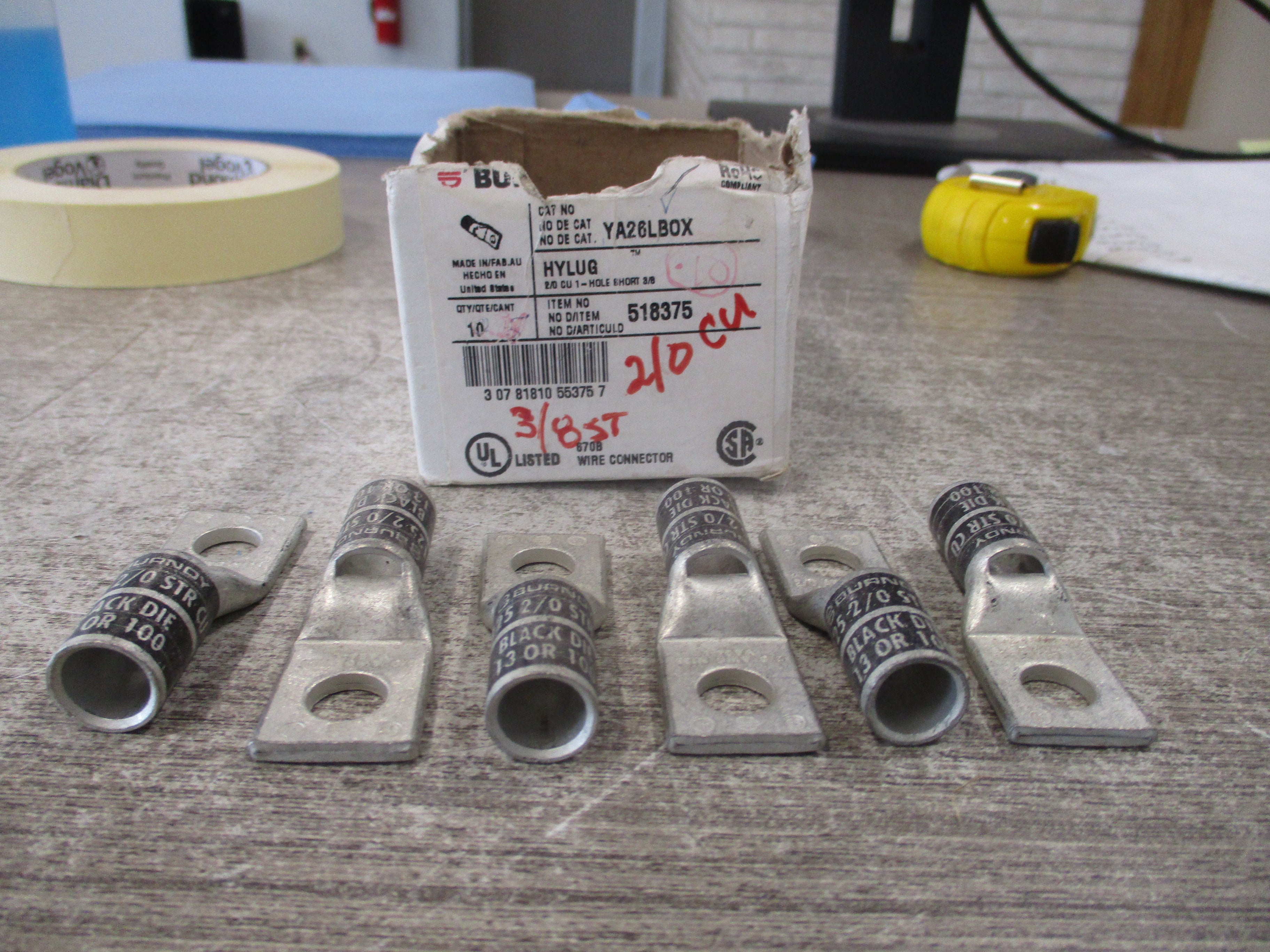 Burndy Hylug Crimp Lug YA26LBOX 1-Hole 2/0 * Box of 6 * New Surplus