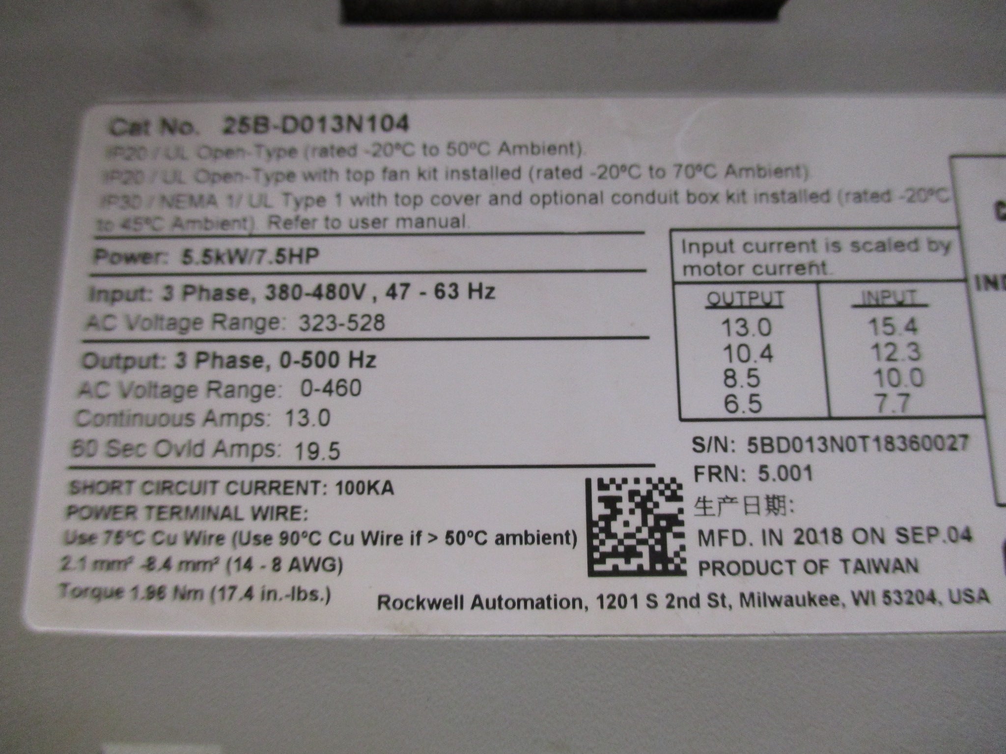 Allen-Bradley PowerFlex 525 AC Drive 25B-D013N104 7.5HP 3Ph Used