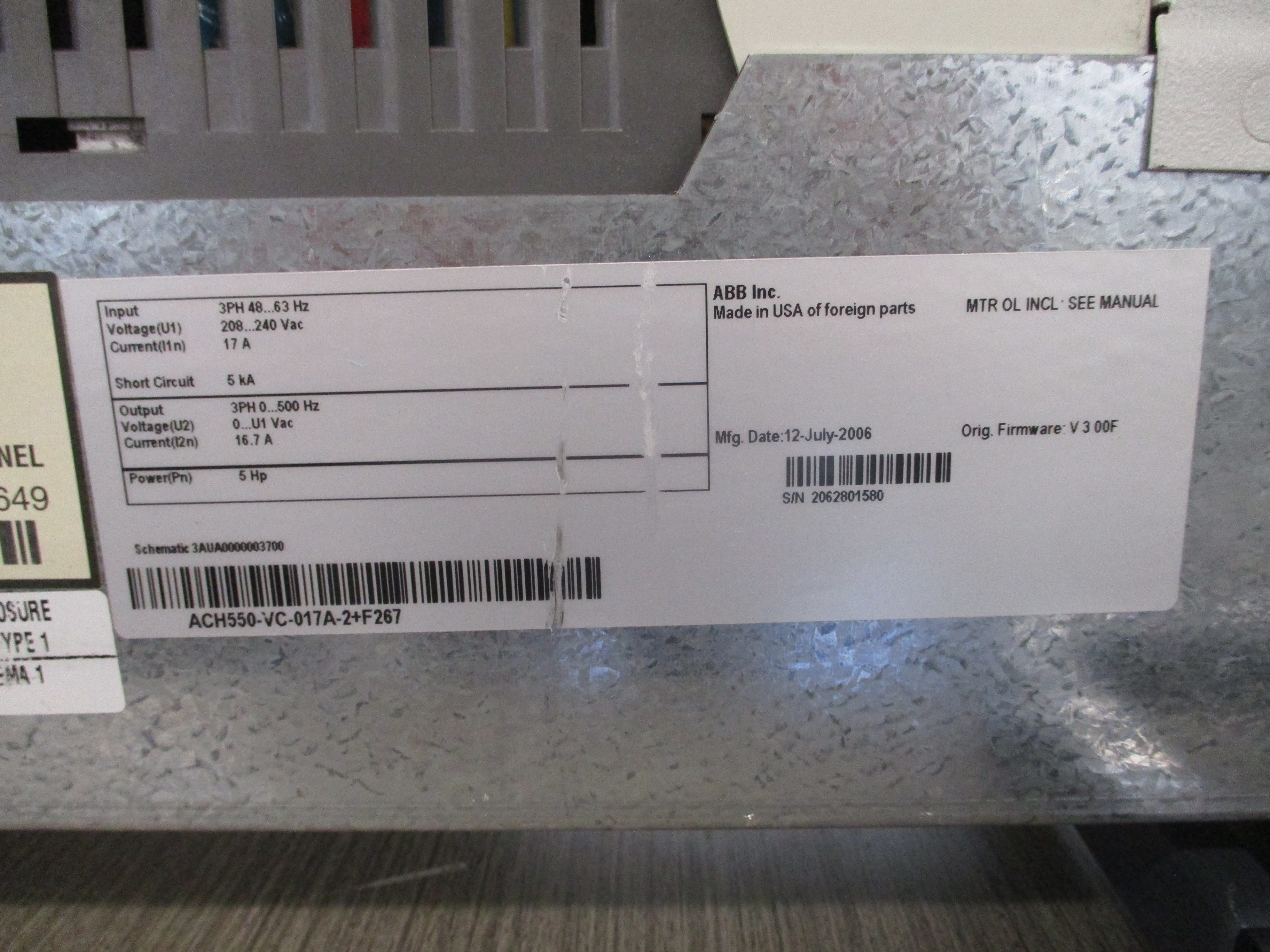 ABB ACH550 AC Drive W/ Bypass ACH550-VC-017A-2+F267 5HP 3Ph Input: 3PH 48-63Hz 2