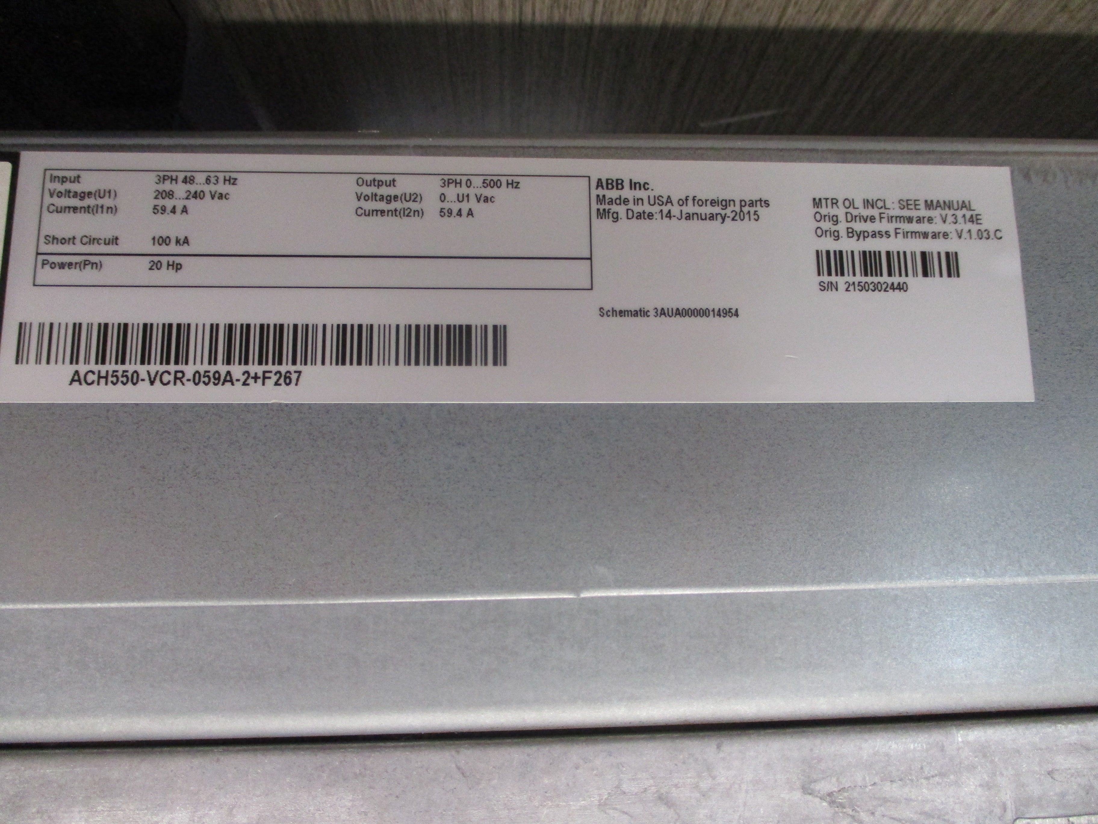 ABB ACH550 AC Drive W/Bypass ACH550-VCR-059A-2+F267 20HP 3Ph Input: 3PH 48-63Hz
