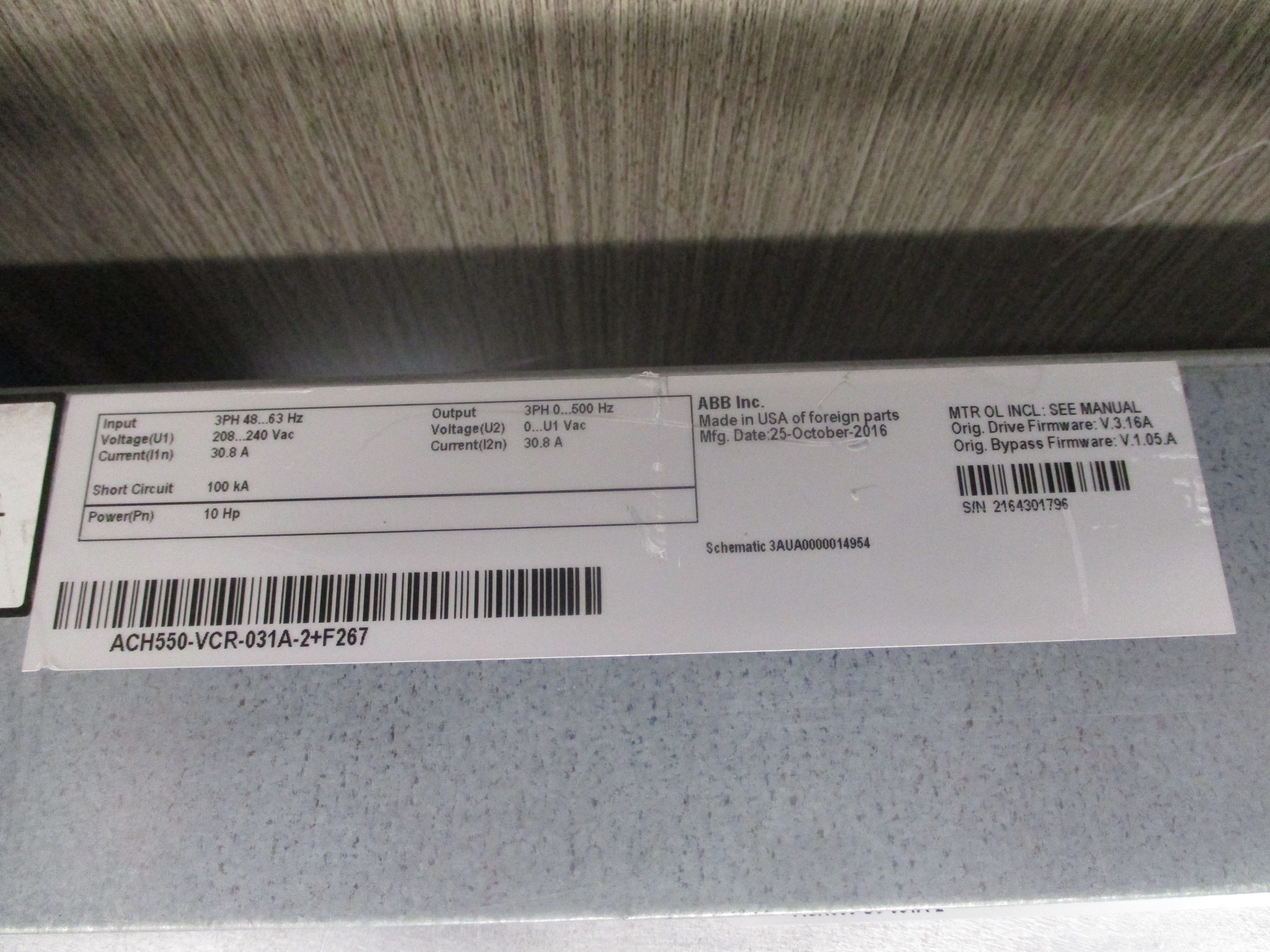 ABB ACH550 AC Drive W/Bypass ACH550-VCR-031A-2+F267 10HP 3Ph Input: 3PH 48-63Hz