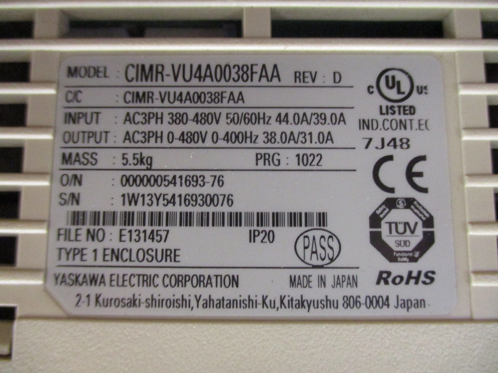 Yaskawa V1000 AC Drive CIMR-VU4A0038FAA 20HP 3Ph w/ Keypad Used