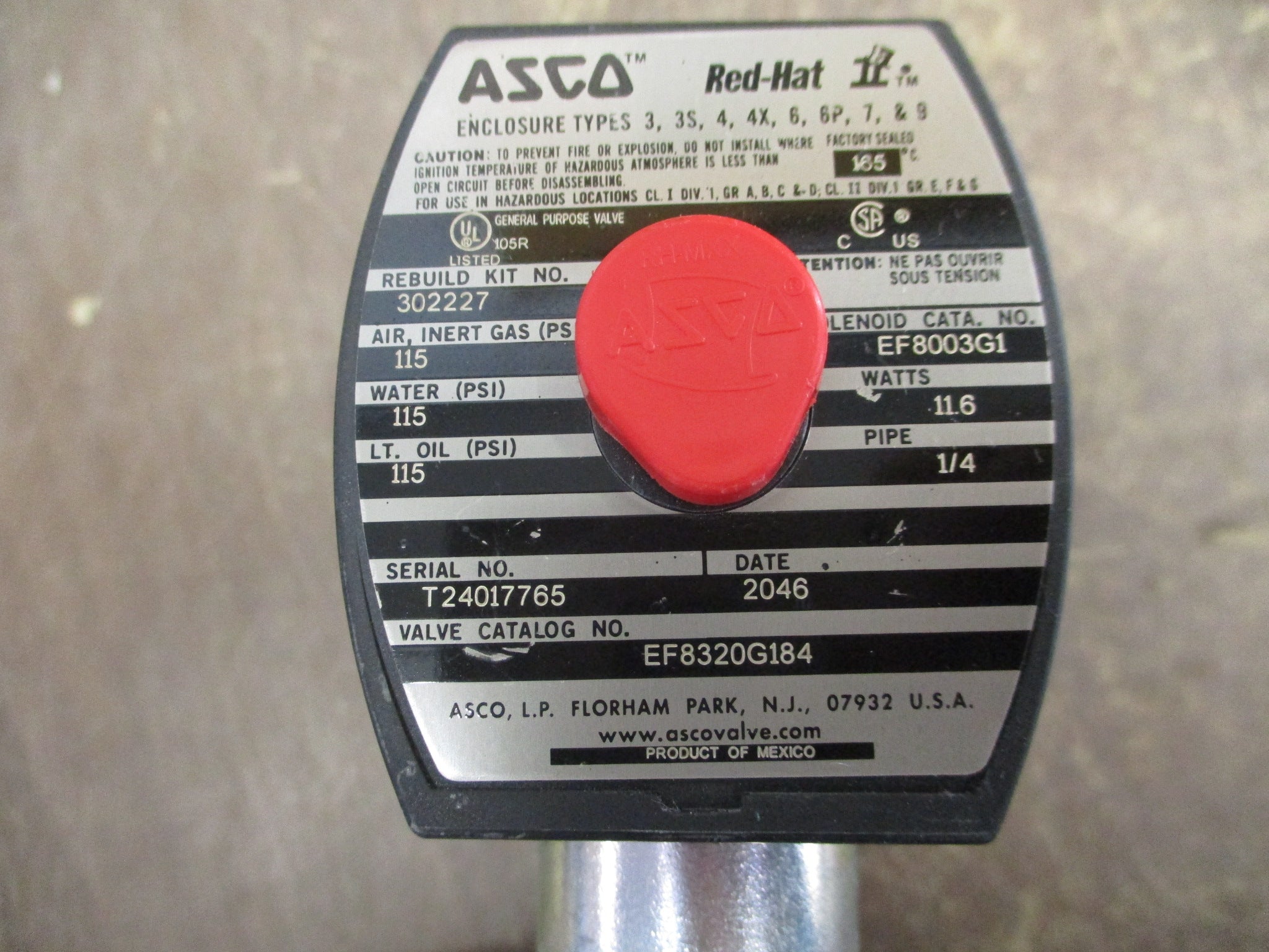 Asco Red-Hat II Solenoid Valve EF8320G184 115PSI Used
