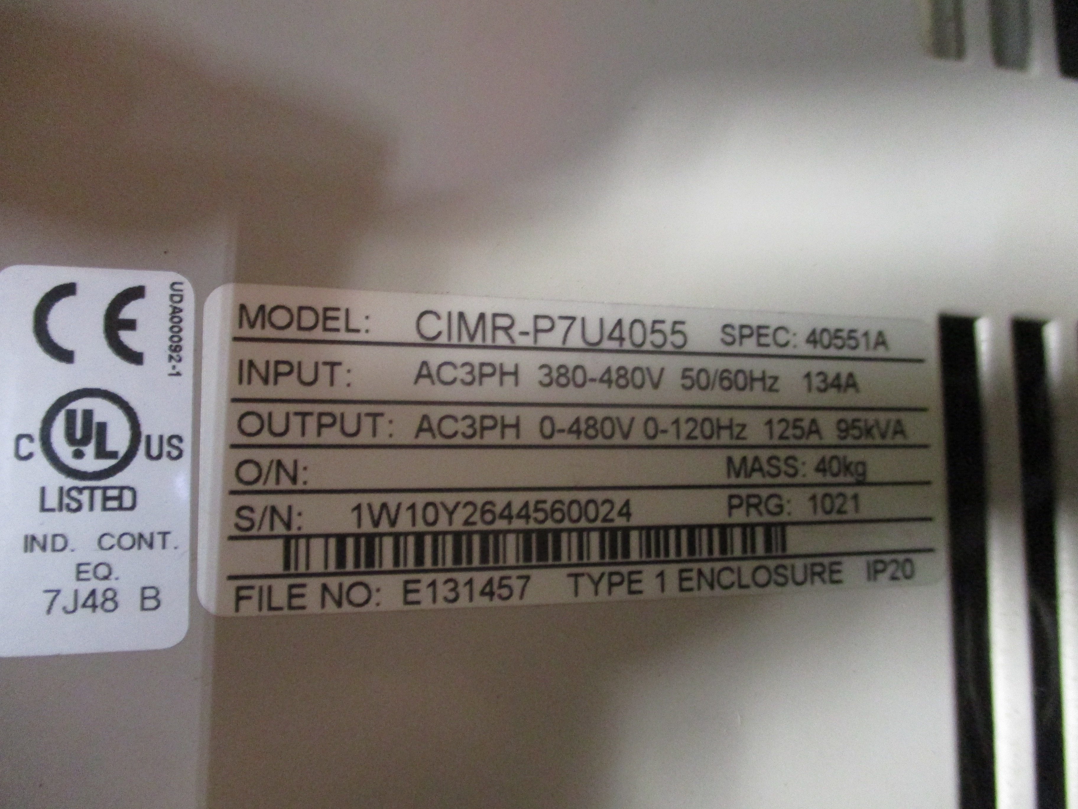 Yaskawa Varispeed P7 AC Drive CIMR-P7U4055 100HP 3Ph Input: AC3PH 380-480V 50/60