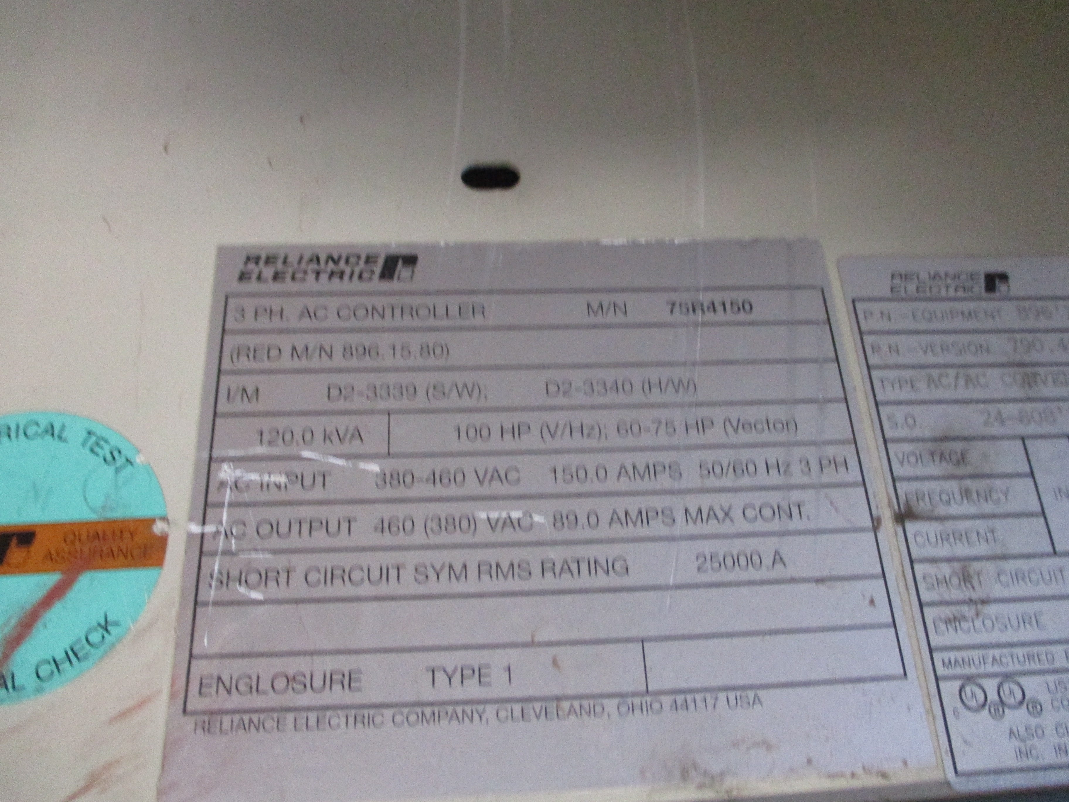 Reliance GV 3000 AC Drive 75R4150 100HP 3Ph Input: 380-460VAC 150.0A 50/60Hz 3PH