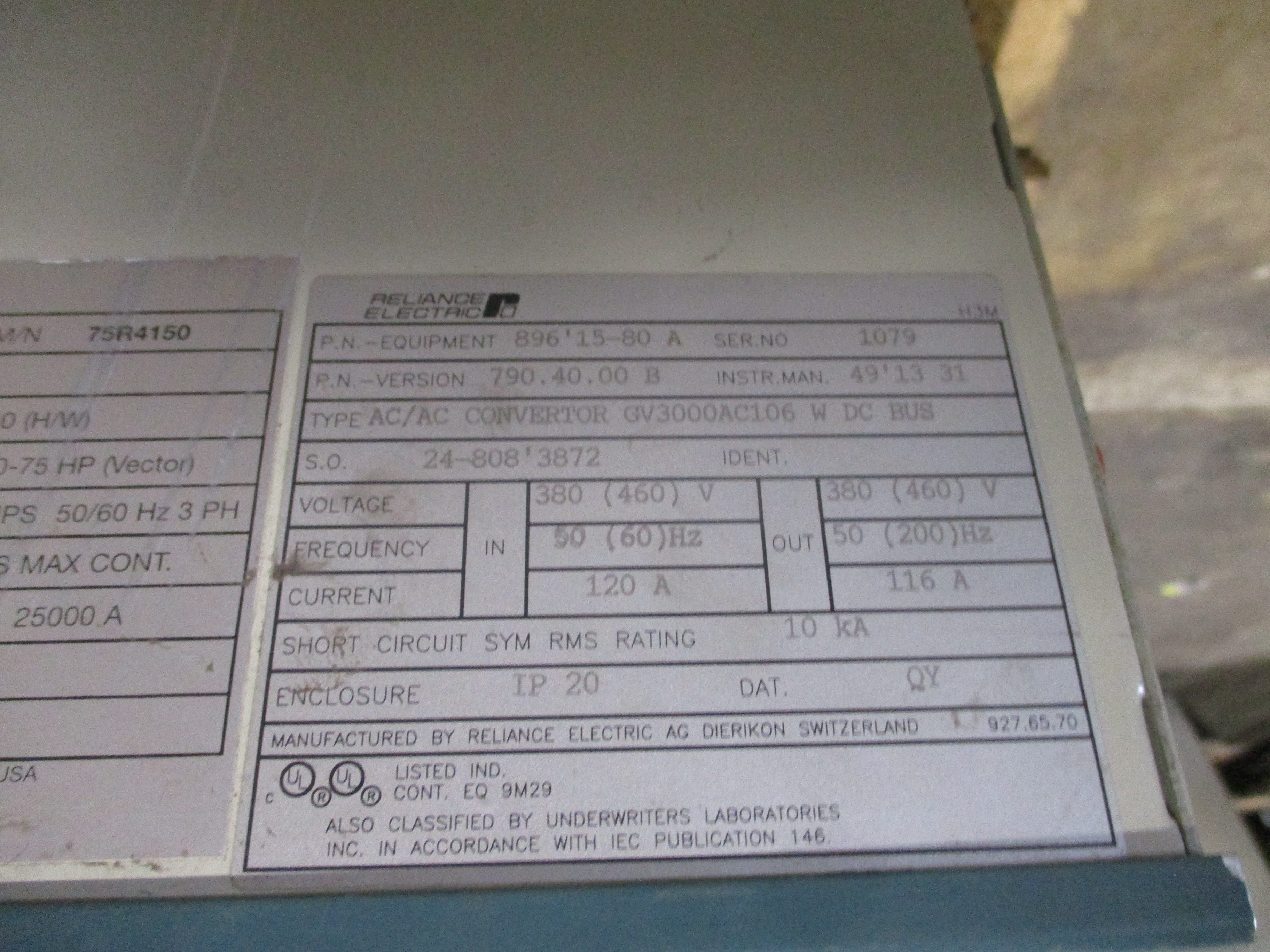 Reliance GV 3000 AC Drive 75R4150 100HP 3Ph Input: 380-460VAC 150.0A 50/60Hz 3PH