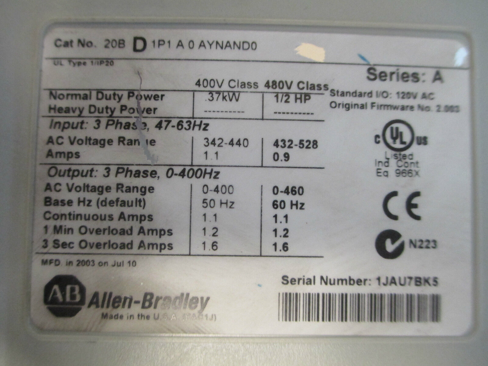 Allen-Bradley PowerFlex700 20BD1P1A0AYNAND0, 480V 1/2HP .9A Used
