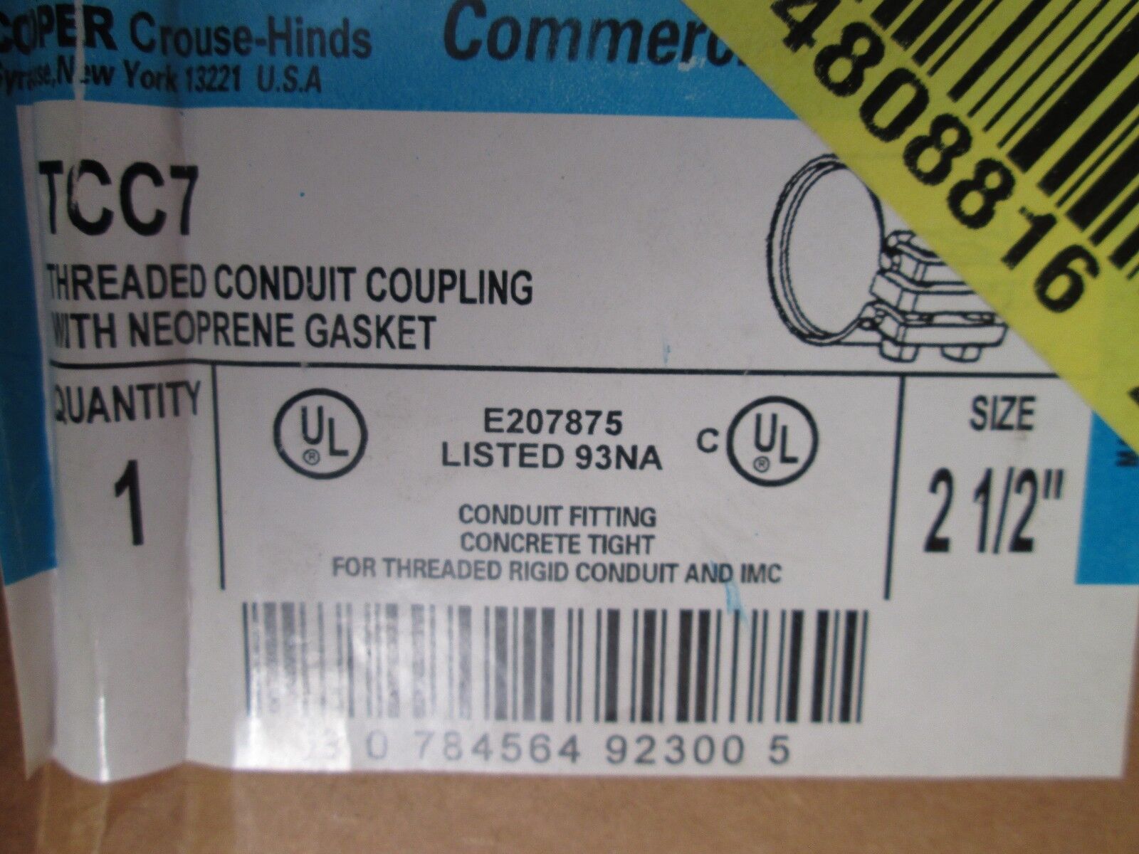 Crouse-Hinds 2 1/2" Metallic Coupling TCC7 New Surplus