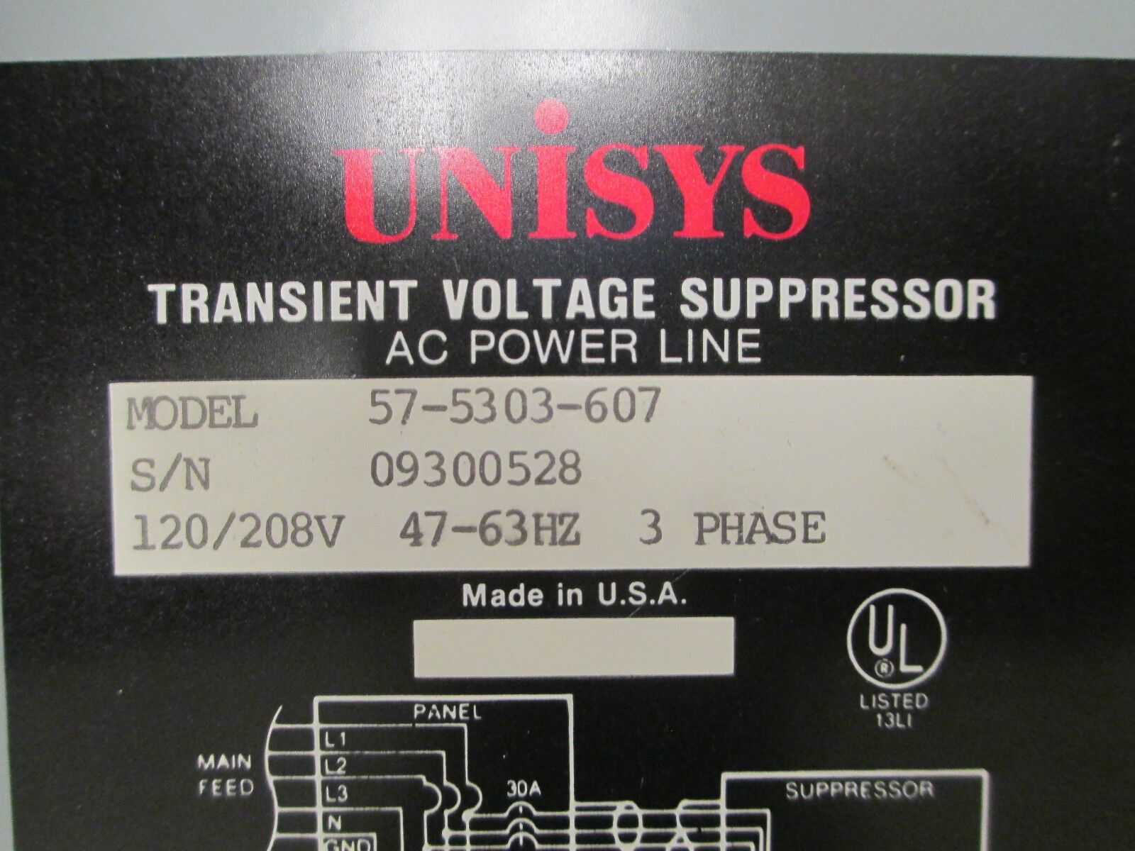 Unisys Transient Voltage Suppressor 57-5303-607, 120/208V 3PH 47-63Hz