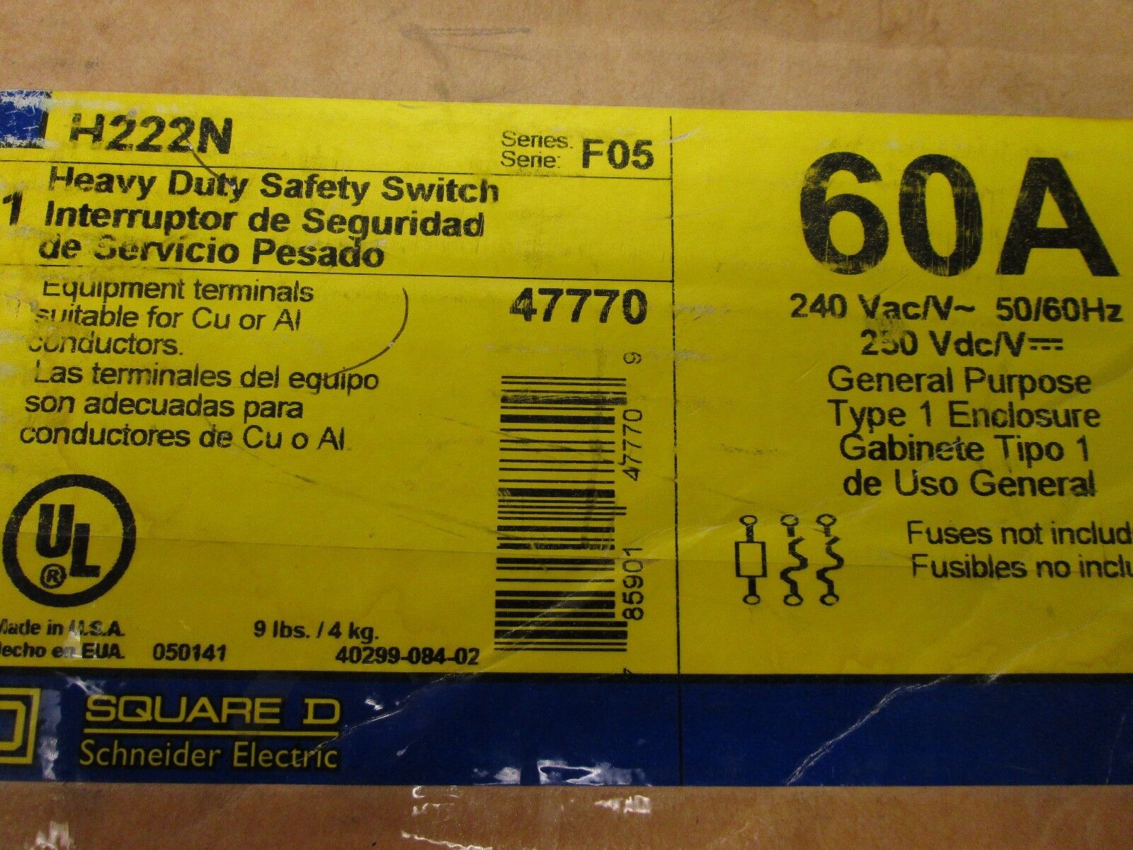 Square D Fusible Safety Switch H222N 60A 2P 240V New Surplus